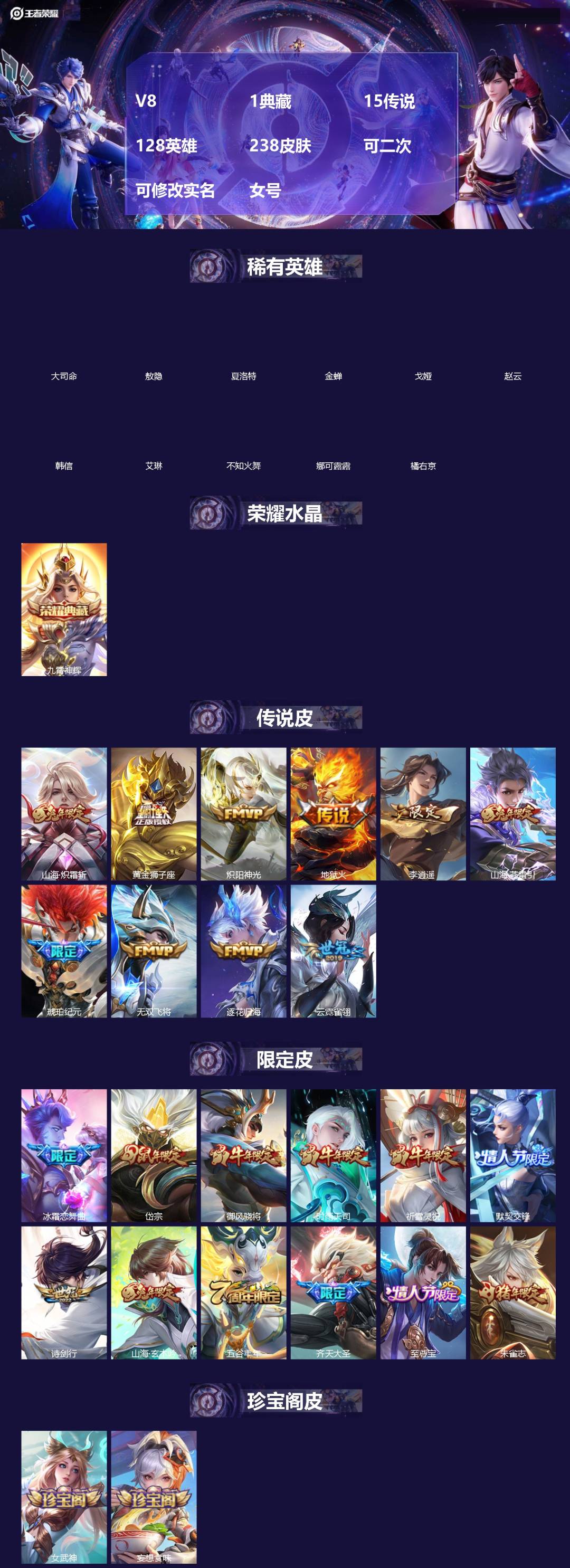 王者荣耀账号苹果QQ[]V8 1典藏 15传说 128英雄 238皮肤 可二次 可修改实名 女号 
【英雄全皮】敖隐全皮,蚩奼全皮,大禹全皮
【稀有英雄】敖隐(小龙人),大司命,韩信(韩跳跳),夏洛特(夏师傅),艾琳,橘