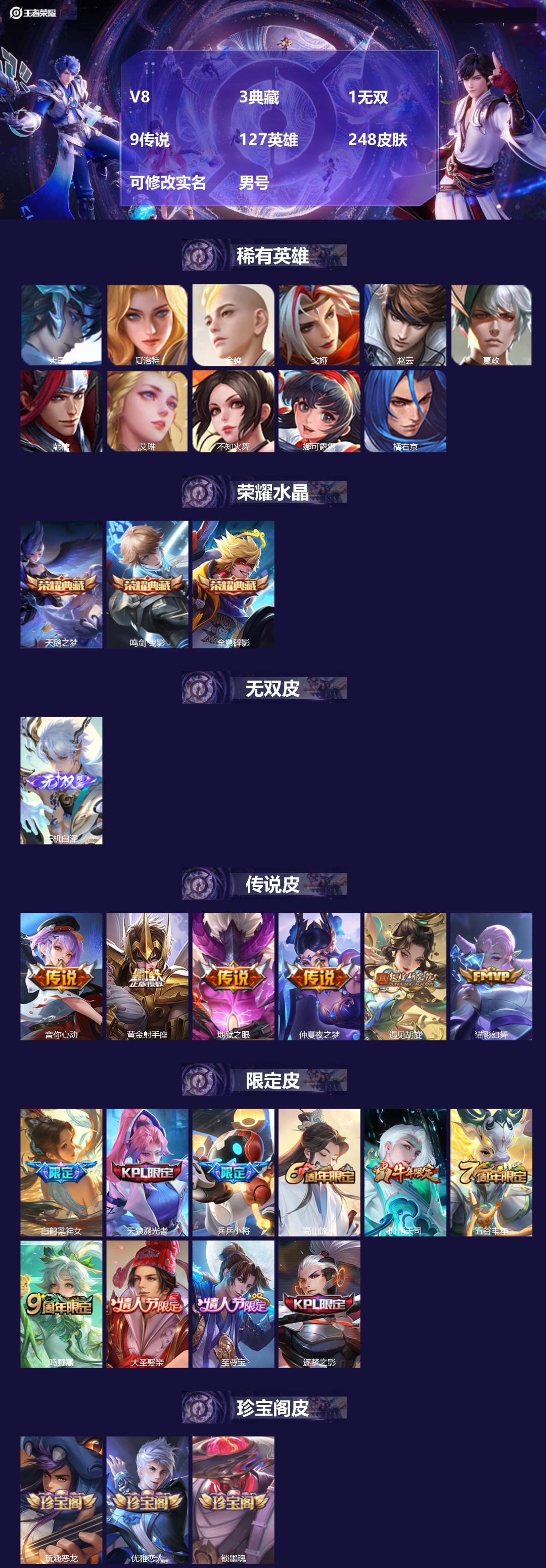 王者荣耀账号苹果QQ[]V8 3典藏 1无双 9传说 127英雄 248皮肤 可修改实名 男号 
【英雄全皮】蚩奼全皮,大禹全皮
【稀有英雄】大司命,嬴政(始皇帝),韩信(韩跳跳),夏洛特(夏师傅),艾琳,橘右京(橘子)