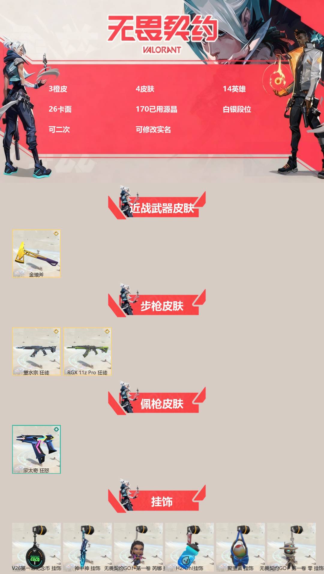 无畏契约账号QQ[]3橙皮 4皮肤 14英雄 26卡面 170已用源晶 白银段位 可二次 可修改实名 
【近战武器皮肤】金琅斧
【佩枪皮肤】蒙太奇 狂怒
【步枪皮肤】狂徒-RGX 11z pro,狂徒-塑水宗
【挂饰