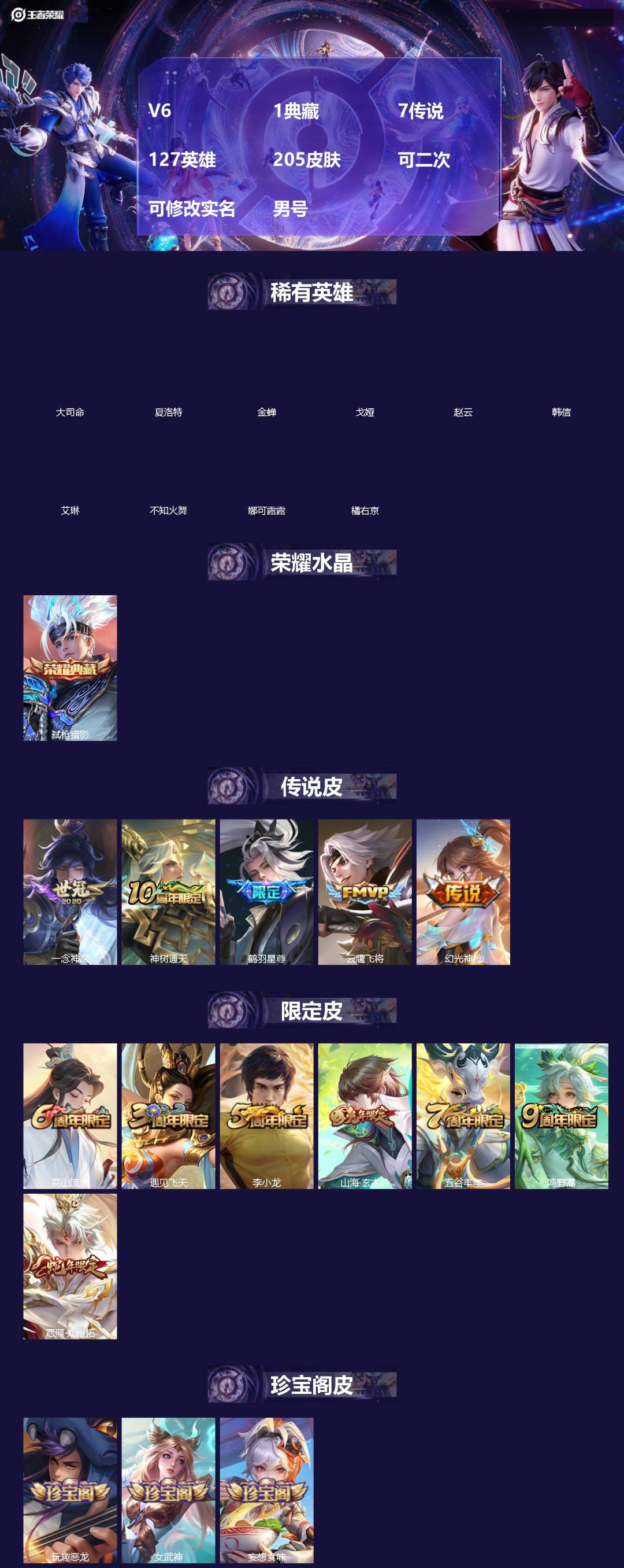 王者荣耀账号安卓QQ[]V6 1典藏 7传说 127英雄 205皮肤 可二次 可修改实名 男号 
【英雄全皮】大禹全皮
【稀有英雄】大司命,韩信(韩跳跳),夏洛特(夏师傅),艾琳,橘右京(橘子),娜可露露(鸟人),不知火