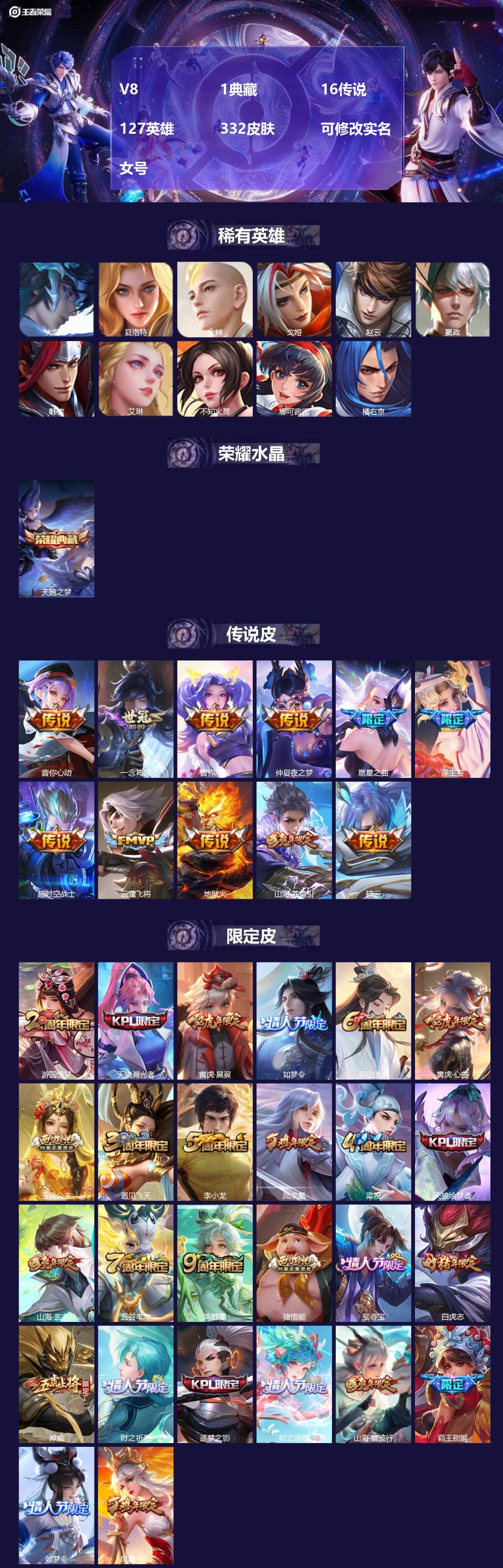 王者荣耀账号安卓QQ[]V8 1典藏 16传说 127英雄 332皮肤 可修改实名 女号 
【英雄全皮】猪八戒全皮,大禹全皮
【稀有英雄】大司命,嬴政(始皇帝),韩信(韩跳跳),夏洛特(夏师傅),艾琳,橘右京(橘子),娜
