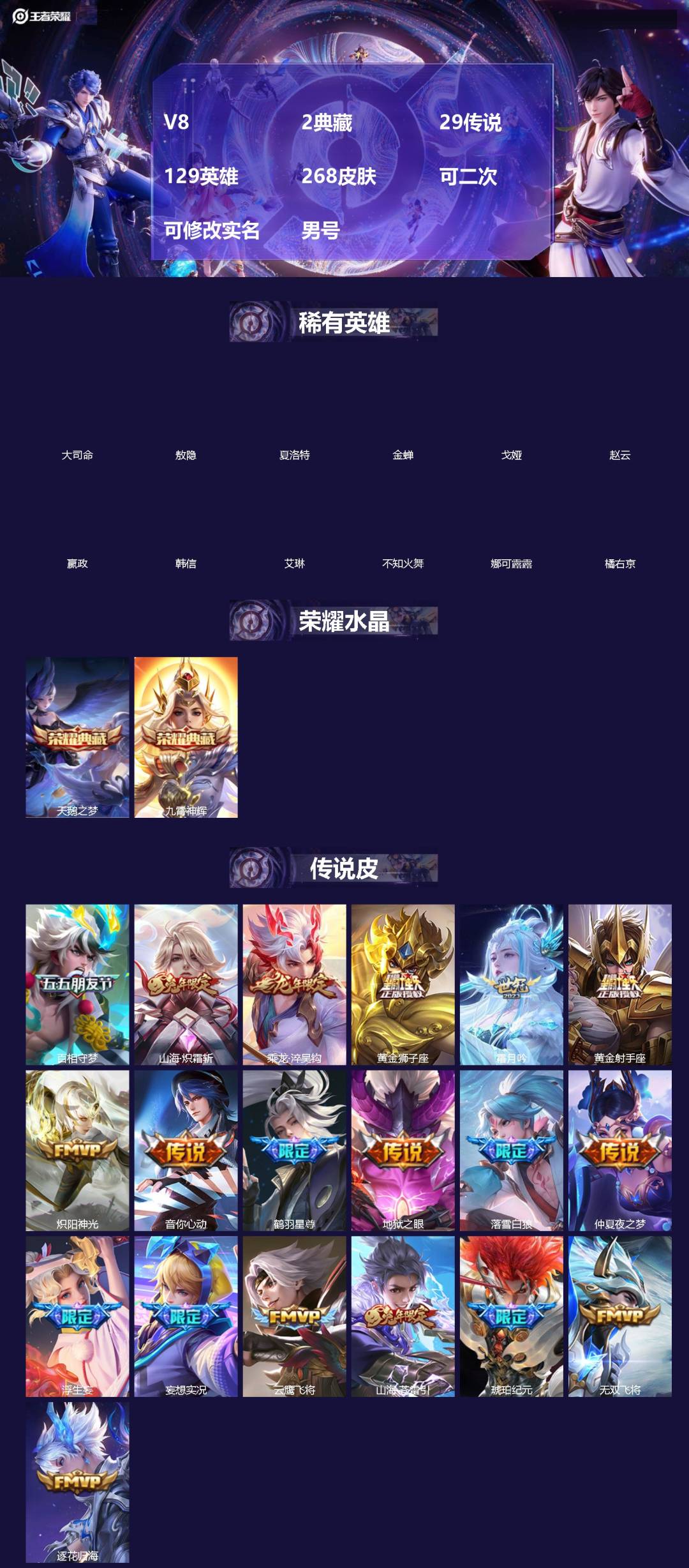 王者荣耀账号苹果QQ[]V8 2典藏 29传说 129英雄 268皮肤 可二次 可修改实名 男号 
【英雄全皮】孙权全皮,夏洛特全皮,大禹全皮
【稀有英雄】敖隐(小龙人),大司命,嬴政(始皇帝),韩信(韩跳跳),夏洛特(