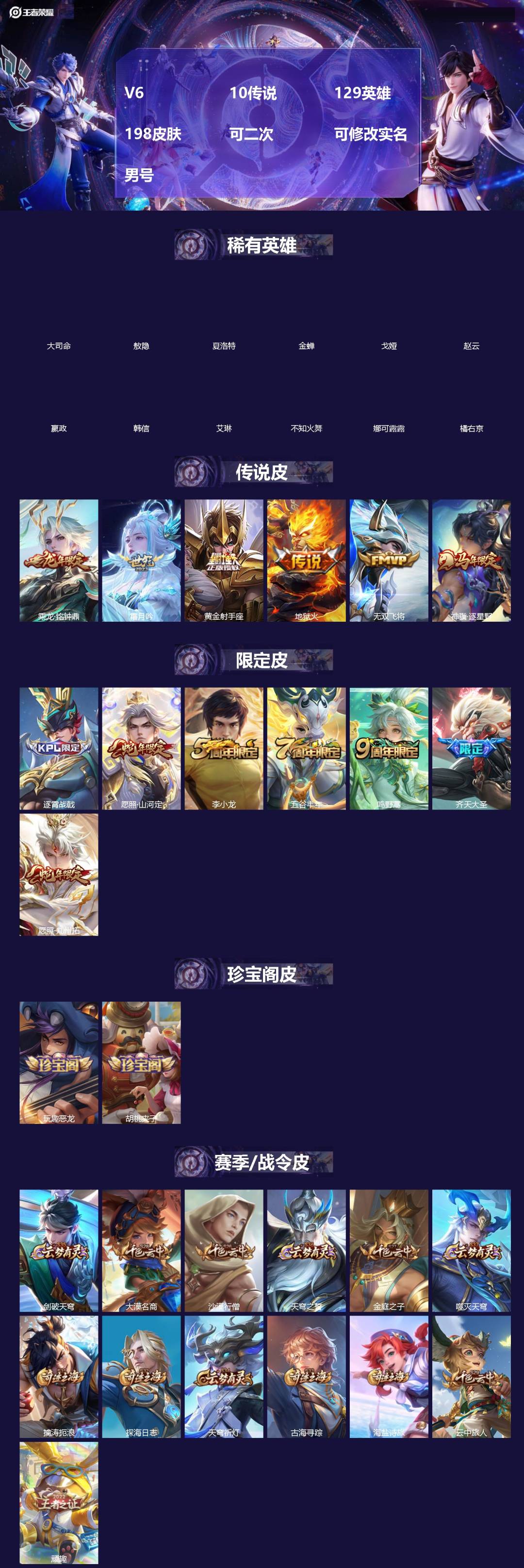 王者荣耀账号安卓QQ[]V6 10传说 129英雄 198皮肤 可二次 可修改实名 男号 
【英雄全皮】敖隐全皮,孙权全皮,大禹全皮
【稀有英雄】敖隐(小龙人),大司命,嬴政(始皇帝),韩信(韩跳跳),夏洛特(夏师傅),