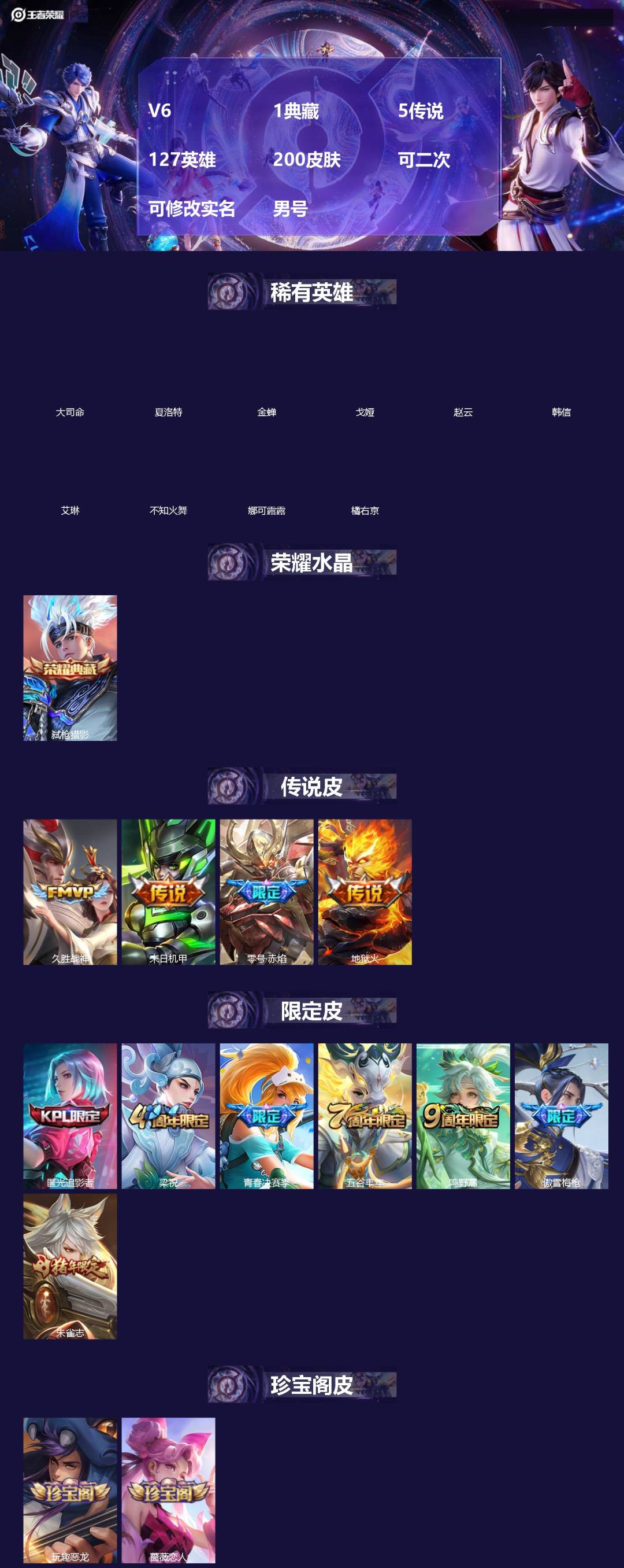 王者荣耀账号安卓QQ[19050753]V6 1典藏 5传说 127英雄 200皮肤 可二次 可修改实名 男号 
【英雄