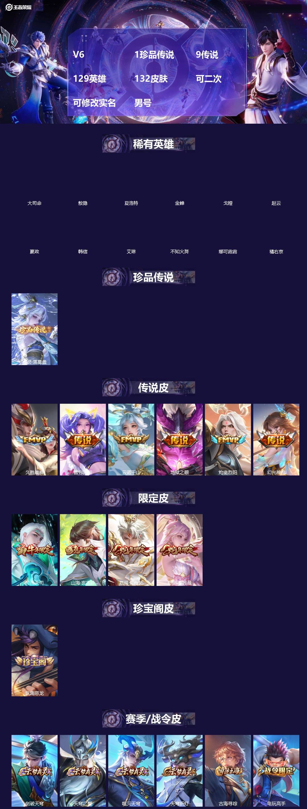 王者荣耀账号苹果QQ[]V6 1珍品传说 9传说 129英雄 132皮肤 可二次 可修改实名 男号 
【英雄全皮】敖隐全皮,苍全皮,大禹全皮
【稀有英雄】敖隐(小龙人),大司命,嬴政(始皇帝),韩信(韩跳跳),夏洛特(夏