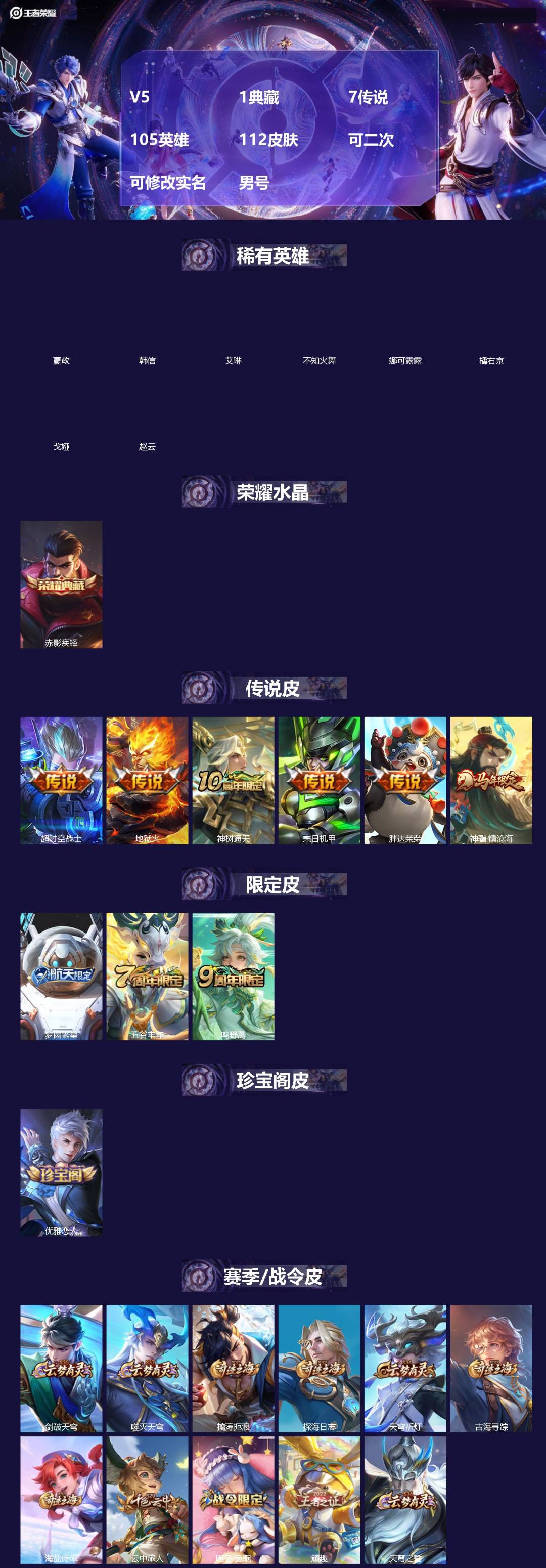 王者荣耀账号安卓QQ[]V5 1典藏 7传说 105英雄 112皮肤 可二次 可修改实名 男号 
【英雄全皮】蒙恬全皮,蚩奼全皮,大禹全皮
【稀有英雄】嬴政(始皇帝),韩信(韩跳跳),艾琳,橘右京(橘子),娜可露露(鸟人