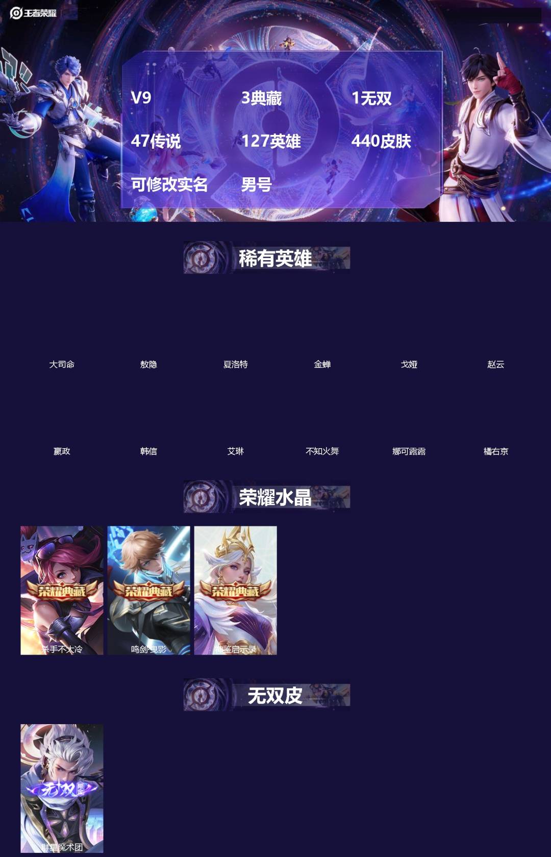 王者荣耀账号安卓QQ[]V9 3典藏 1无双 47传说 127英雄 440皮肤 可修改实名 男号 
【英雄全皮】敖隐全皮,空空儿全皮,蚩奼全皮,金蝉全皮,猪八戒全皮
【稀有英雄】敖隐(小龙人),大司命,嬴政(始皇帝),韩