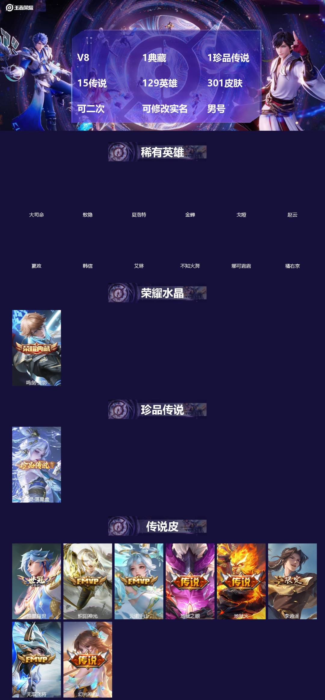 王者荣耀账号苹果QQ[]V8 1典藏 1珍品传说 15传说 129英雄 301皮肤 可二次 可修改实名 男号 
【英雄全皮】孙权全皮,蚩奼全皮,猪八戒全皮,大禹全皮
【稀有英雄】敖隐(小龙人),大司命,嬴政(始皇帝),韩
