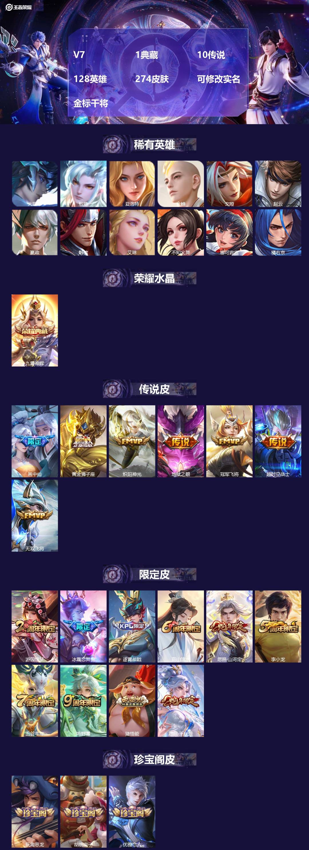 王者荣耀账号安卓QQ[]V7 1典藏 10传说 128英雄 274皮肤 可修改实名 
【英雄全皮】敖隐全皮,空空儿全皮,大禹全皮 
【稀有英雄】大司命,敖隐(小龙人),夏洛特(夏师傅),金蝉(唐僧),戈娅,赵云,嬴政(始
