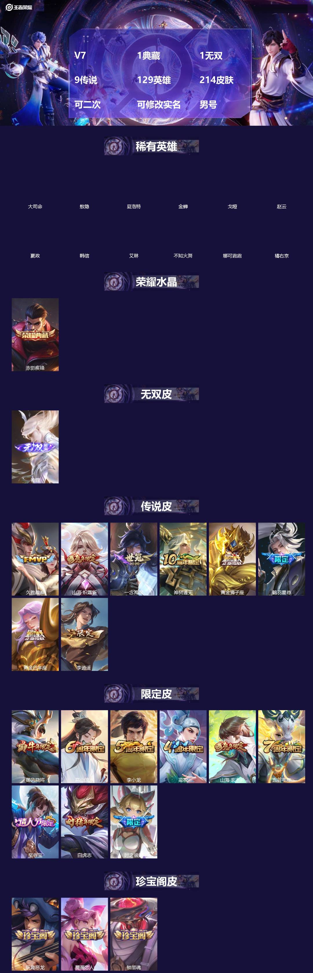王者荣耀账号安卓QQ[]V7 1典藏 1无双 9传说 129英雄 214皮肤 可二次 可修改实名 男号 
【英雄全皮】大禹全皮
【稀有英雄】敖隐(小龙人),大司命,嬴政(始皇帝),韩信(韩跳跳),夏洛特(夏师傅),艾琳,