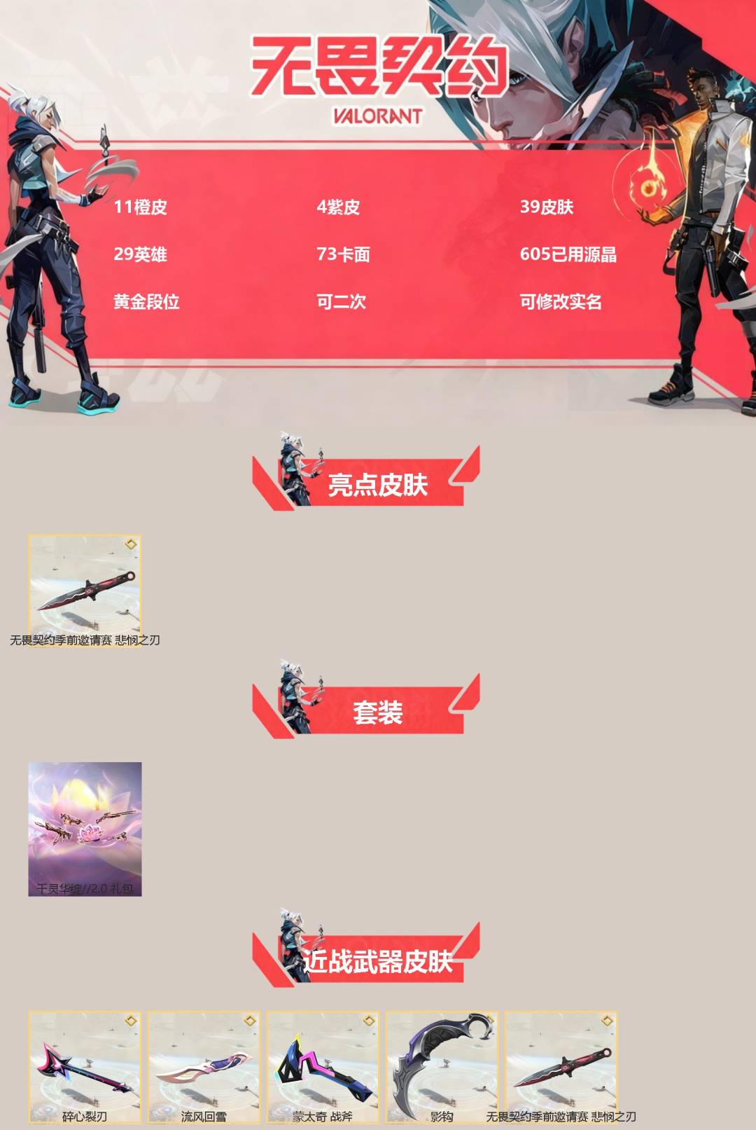 无畏契约账号QQ[]11橙皮 4紫皮 39皮肤 29英雄 73卡面 605已用源晶 黄金段位 可二次 可修改实名 
【亮点皮肤】悲悯之刃
【套装】千灵华绽//2.0 套装
【近战武器皮肤】影钩,碎心裂刃,蒙太奇 战斧