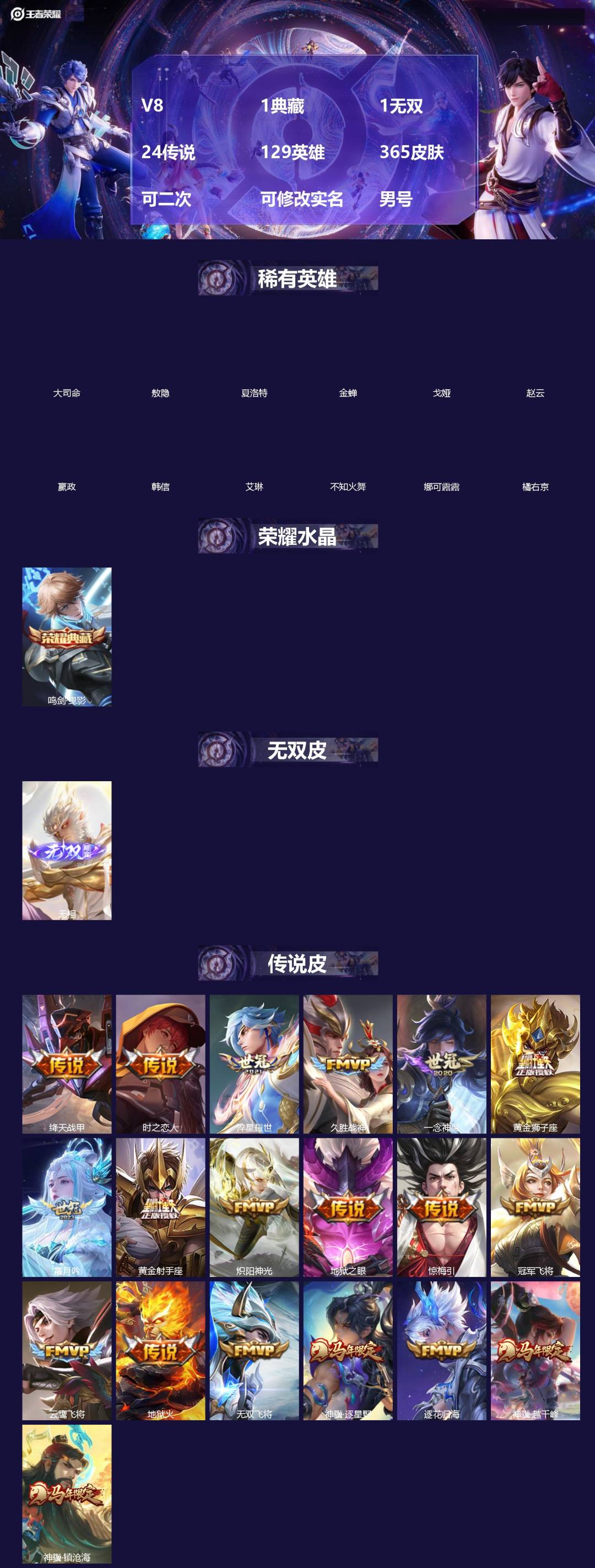 王者荣耀账号安卓QQ[19126980]V8 1典藏 1无双 24传说 129英雄 365皮肤 可二次 可修改实名 男号