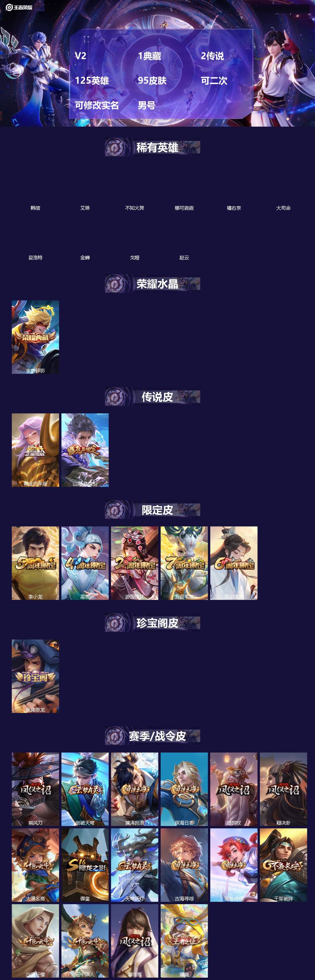 王者荣耀账号苹果QQ[]V2 1典藏 2传说 125英雄 95皮肤 可二次 可修改实名 男号 
【英雄全皮】空空儿全皮,大禹全皮
【稀有英雄】大司命,韩信(韩跳跳),夏洛特(夏师傅),艾琳,橘右京(橘子),娜可露露(鸟人