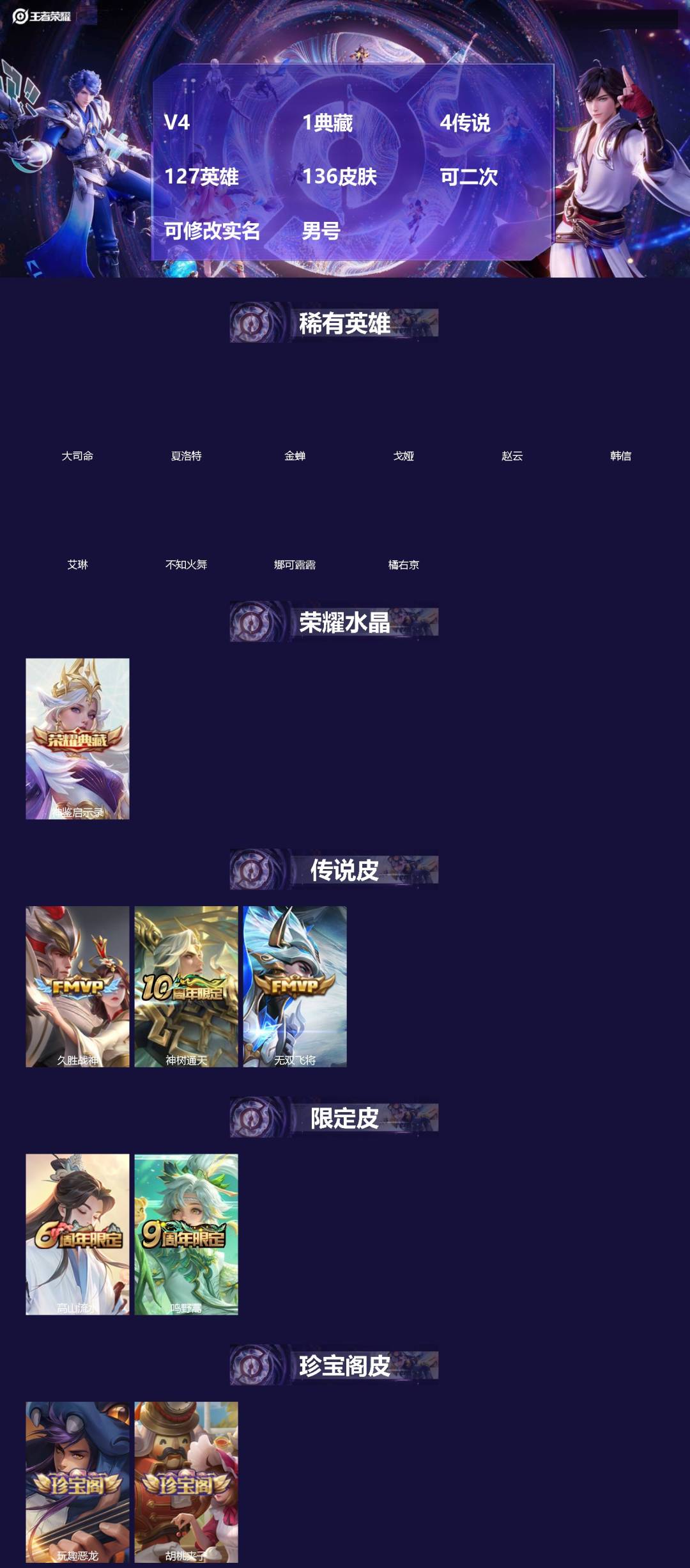 王者荣耀账号安卓QQ[]V4 1典藏 4传说 127英雄 136皮肤 可二次 可修改实名 男号 
【英雄全皮】大禹全皮
【稀有英雄】大司命,韩信(韩跳跳),夏洛特(夏师傅),艾琳,橘右京(橘子),娜可露露(鸟人),不知火