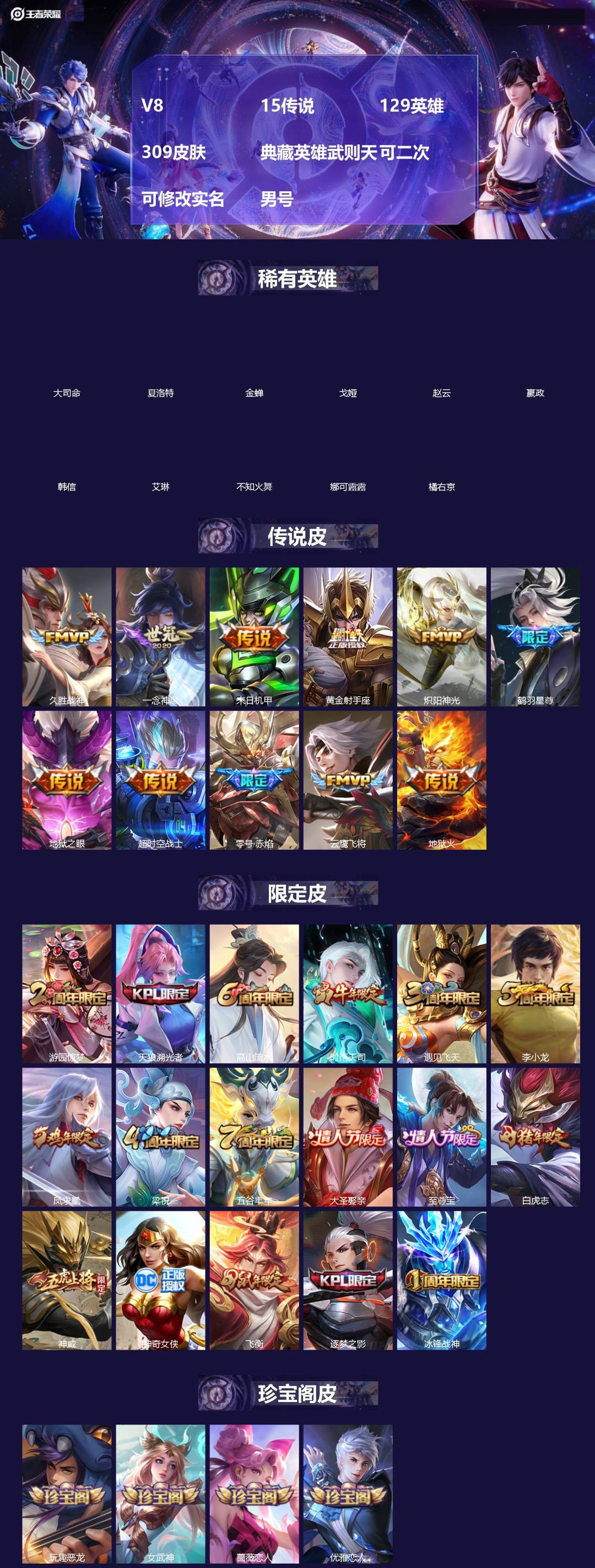 王者荣耀账号安卓QQ[19129512]V8 15传说 129英雄 309皮肤 典藏英雄武则天 可二次 可修改实名 男号