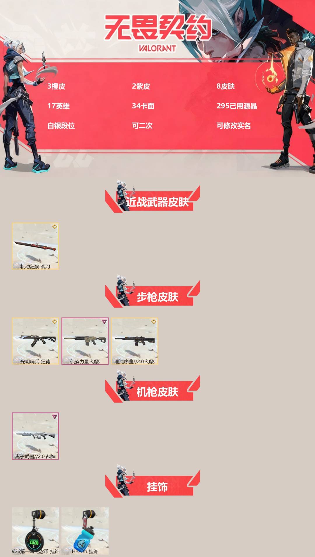 无畏契约账号微信[]3橙皮 2紫皮 8皮肤 17英雄 34卡面 295已用源晶 白银段位 可二次 可修改实名 
【近战武器皮肤】机动狂飙战刀
【步枪皮肤】狂徒-光明哨兵,幻影-混沌序曲2.0,幻影-侦察力量
【机枪皮