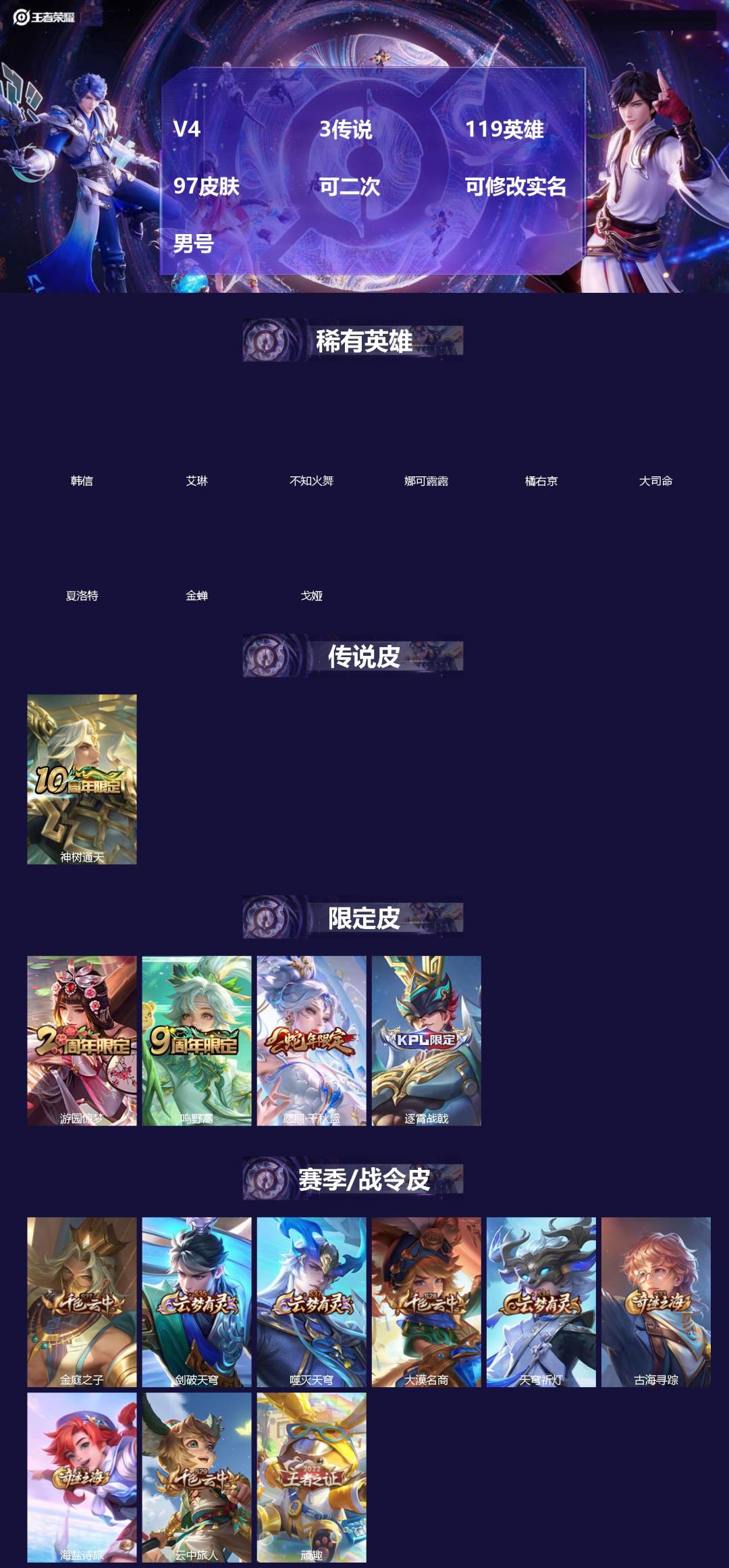 王者荣耀账号安卓VX[]V4 3传说 119英雄 97皮肤 可二次 可修改实名 男号 
【英雄全皮】大禹全皮
【稀有英雄】大司命,韩信(韩跳跳),夏洛特(夏师傅),艾琳,橘右京(橘子),娜可露露(鸟人),不知火舞,金蝉(