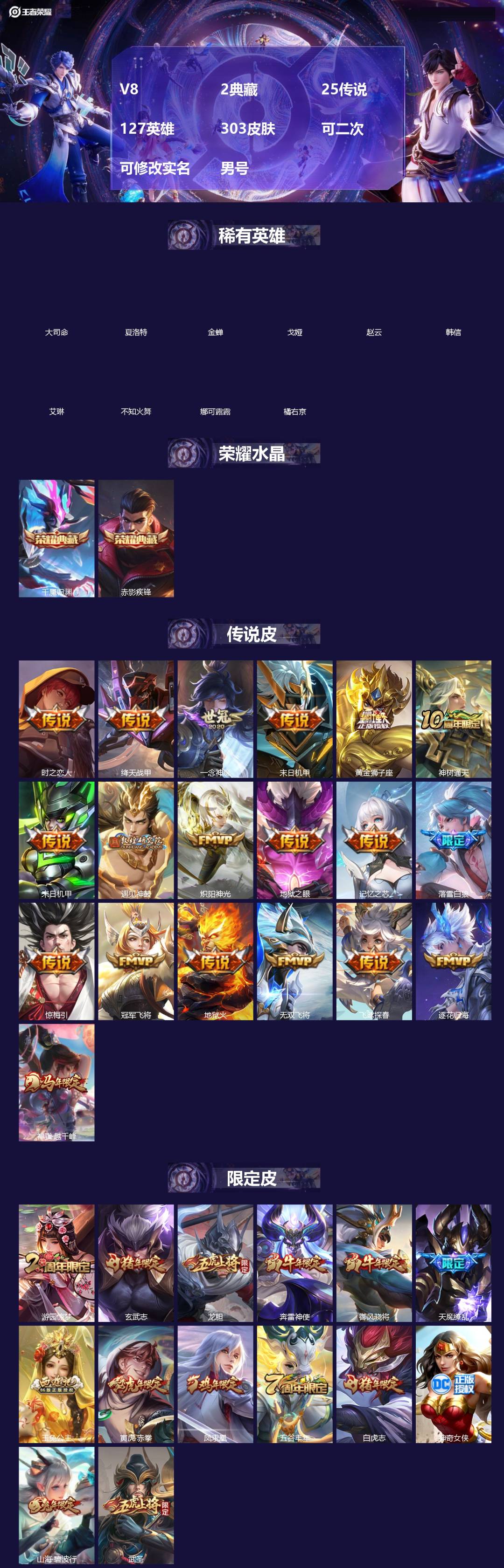 王者荣耀账号苹果QQ[]V8 2典藏 25传说 127英雄 303皮肤 可二次 可修改实名 男号 
【英雄全皮】空空儿全皮,蚩奼全皮,大禹全皮
【稀有英雄】大司命,韩信(韩跳跳),夏洛特(夏师傅),艾琳,橘右京(橘子),