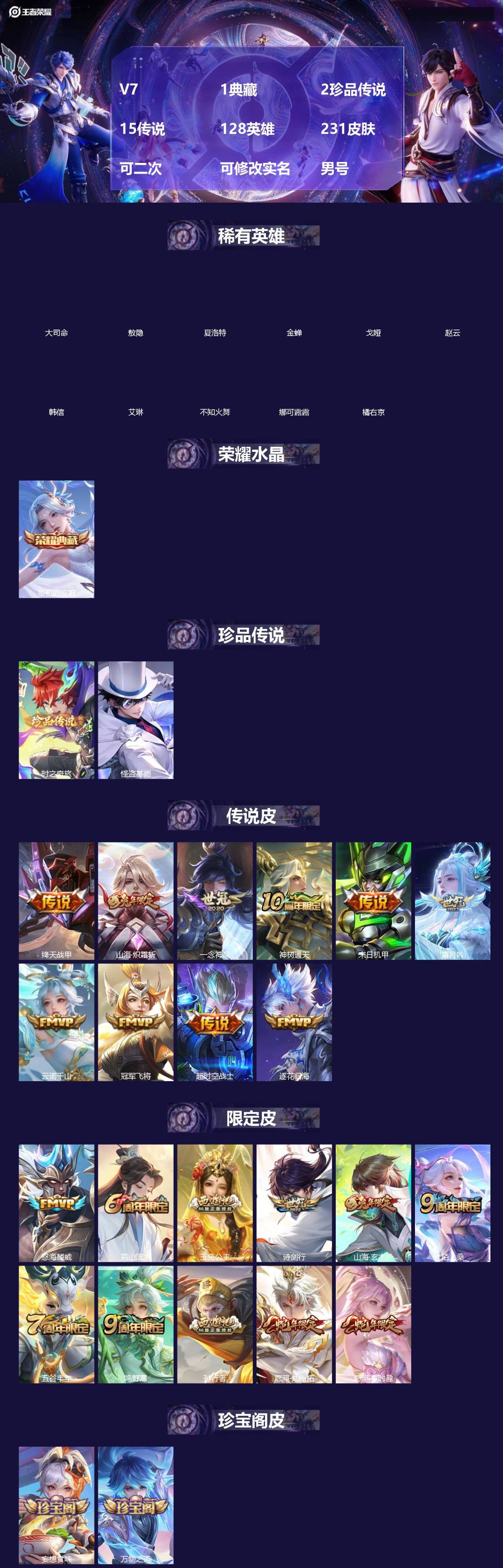 王者荣耀账号苹果VX[]V7 1典藏 2珍品传说 15传说 128英雄 231皮肤 可二次 可修改实名 男号 
【英雄全皮】敖隐全皮,空空儿全皮,孙权全皮,大禹全皮
【稀有英雄】敖隐(小龙人),大司命,韩信(韩跳跳),夏