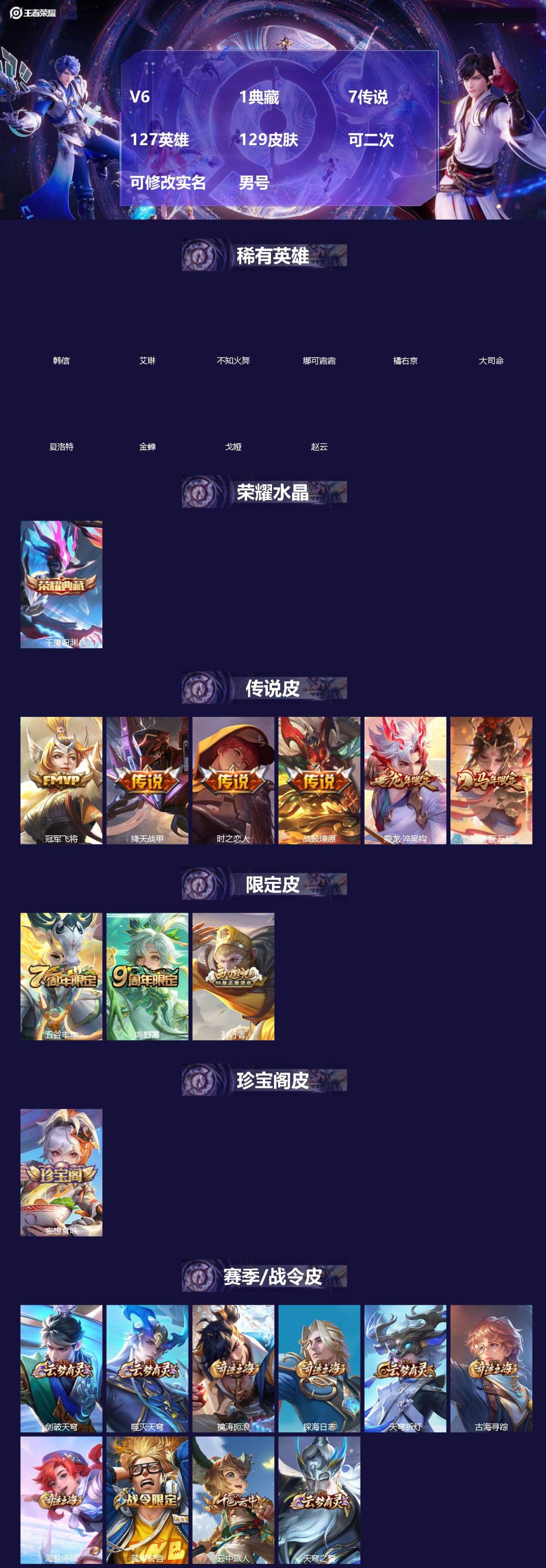 王者荣耀账号安卓QQ[]V6 1典藏 7传说 127英雄 129皮肤 可二次 可修改实名 男号 
【英雄全皮】孙权全皮,大禹全皮
【稀有英雄】大司命,韩信(韩跳跳),夏洛特(夏师傅),艾琳,橘右京(橘子),娜可露露(鸟人