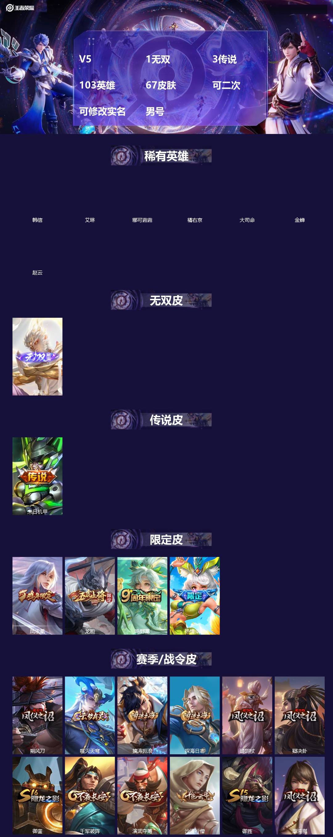 王者荣耀账号苹果VX[]V5 1无双 3传说 103英雄 67皮肤 可修改实名 男号 
【英雄全皮】蚩奼全皮,大禹全皮 
【稀有英雄】韩信(韩跳跳),艾琳,娜可露露(鸟人),橘右京(橘子),大司命,金蝉(唐僧),赵云 

