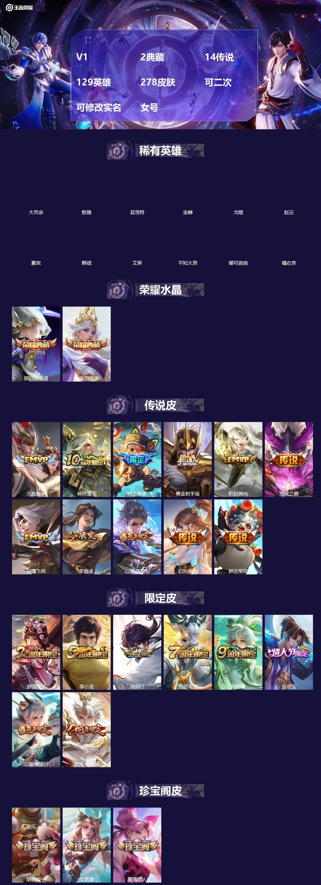 王者荣耀账号苹果QQ[]V1 2典藏 14传说 129英雄 278皮肤 可二次 可修改实名 女号 
【英雄全皮】敖隐全皮,孙权全皮,蚩奼全皮,戈娅全皮,大禹全皮
【稀有英雄】敖隐(小龙人),大司命,嬴政(始皇帝),韩信(