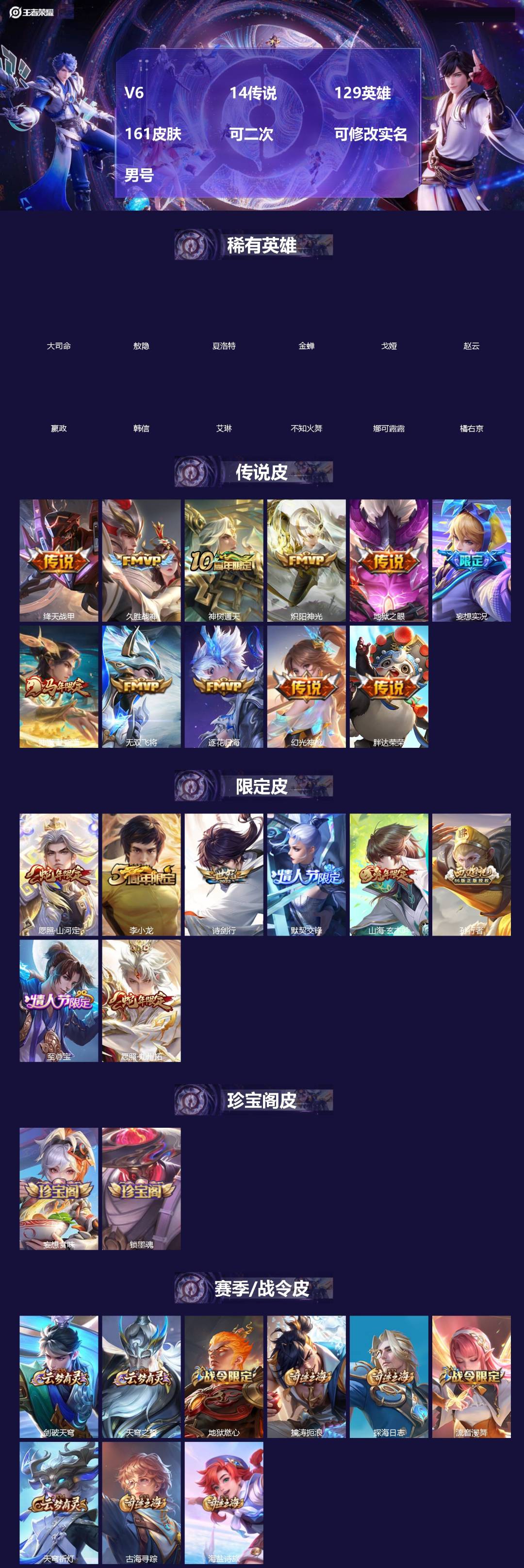 王者荣耀账号安卓QQ[]V6 14传说 129英雄 161皮肤 可二次 可修改实名 男号 
【英雄全皮】司空震全皮,敖隐全皮,蚩奼全皮,大禹全皮
【稀有英雄】敖隐(小龙人),大司命,嬴政(始皇帝),韩信(韩跳跳),夏洛特