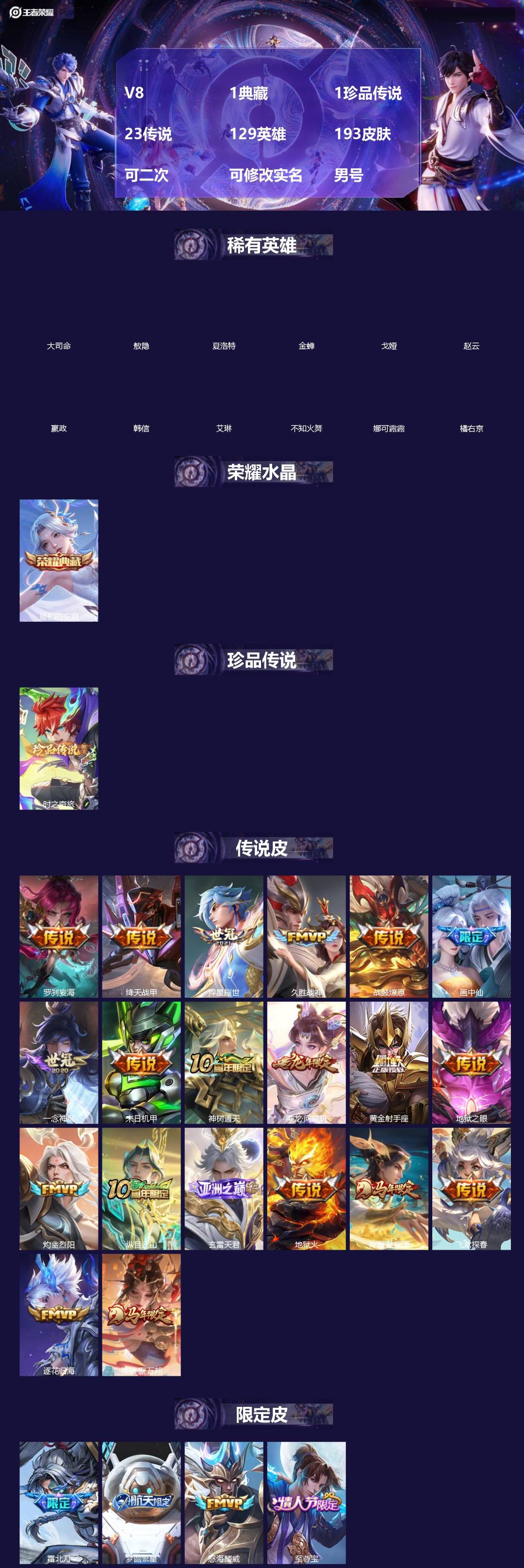王者荣耀账号安卓QQ[]V8 1典藏 1珍品传说 23传说 129英雄 193皮肤 可二次 可修改实名 男号 
【英雄全皮】敖隐全皮,蚩奼全皮,盾山全皮,大禹全皮
【稀有英雄】敖隐(小龙人),大司命,嬴政(始皇帝),韩信