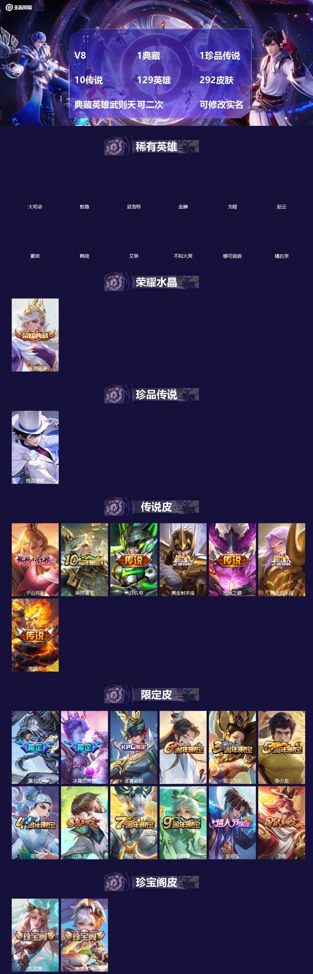 王者荣耀账号安卓QQ[]V8 1典藏 1珍品传说 10传说 129英雄 292皮肤 典藏英雄武则天 可二次 可修改实名 男号 
【英雄全皮】孙权全皮
【稀有英雄】敖隐(小龙人),大司命,嬴政(始皇帝),韩信(韩跳跳),夏