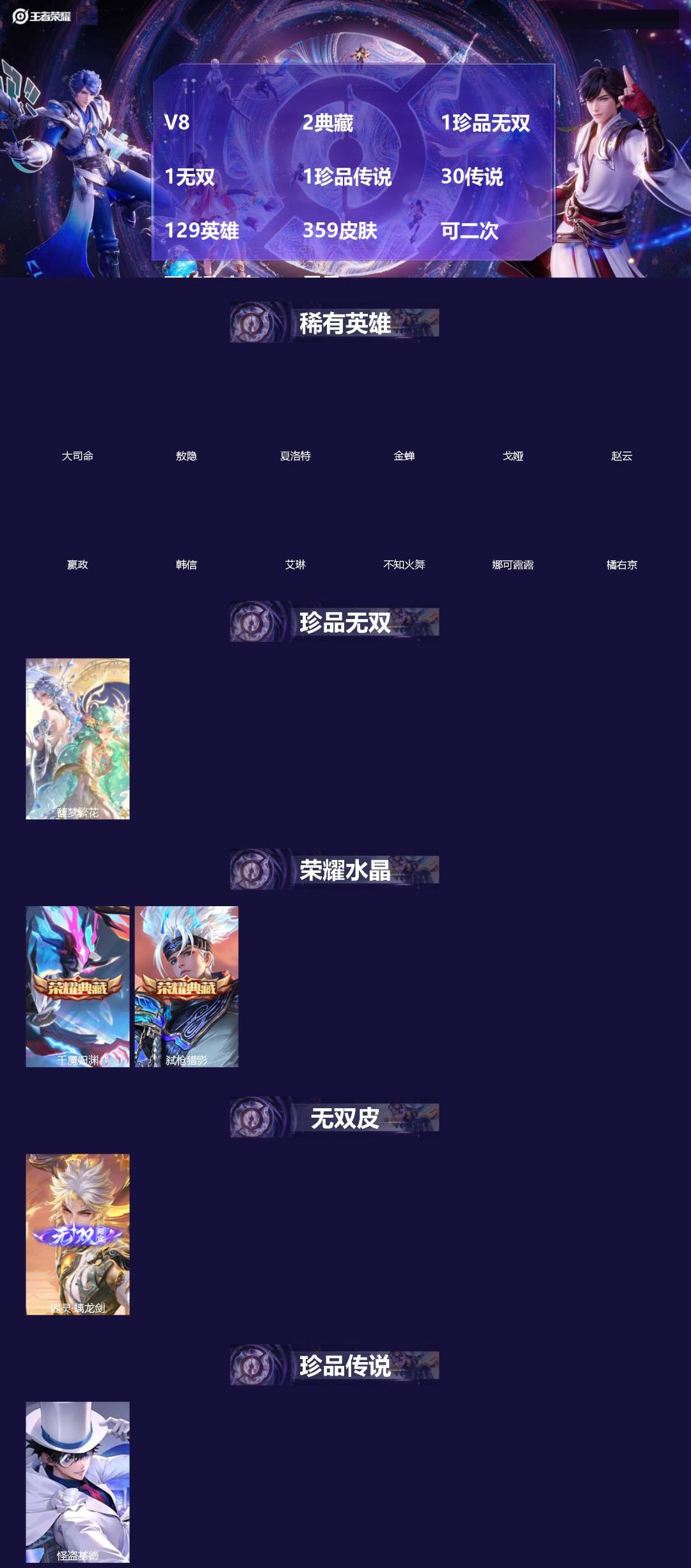 王者荣耀账号安卓QQ[]V8 2典藏 1珍品无双 1无双 1珍品传说 30传说 129英雄 359皮肤 可二次 可修改实名 男号 
【英雄全皮】澜全皮,敖隐全皮,空空儿全皮,孙权全皮,蚩奼全皮,苍全皮,达摩全皮,影全皮,