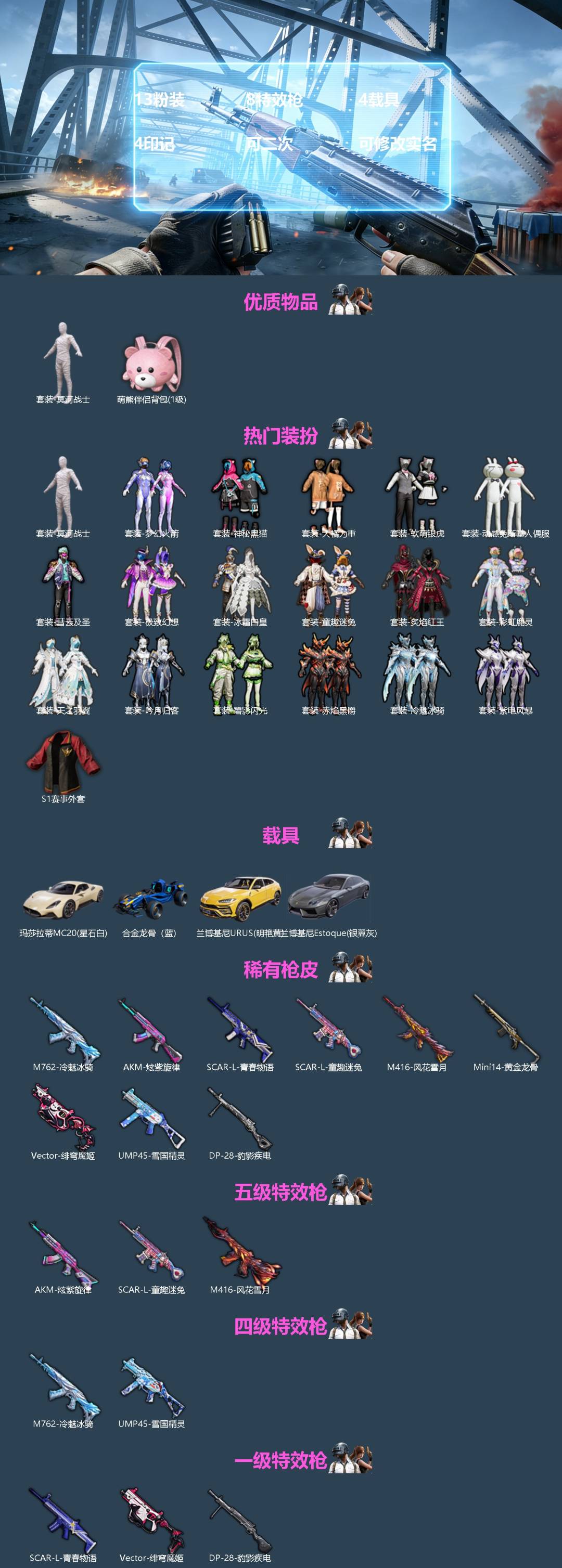 和平精英账号苹果微信[]13粉装 8特效枪 4载具 4印记 可二次 可修改实名 
【热门装扮】梦幻火箭(新101) ,冥河战士(老木乃伊),童趣迷兔,炙焰红王,冰霜白皇,极致幻想,彗云及圣,彩虹鹿灵,吟月归客,天之羽翼,