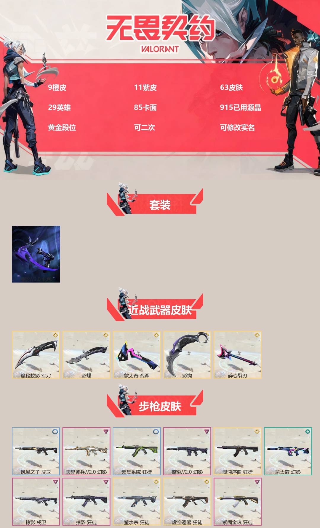 无畏契约账号QQ[]9橙皮 11紫皮 63皮肤 29英雄 85卡面 915已用源晶 黄金段位 可二次 可修改实名 
【套装】掠影//3.0套装
【近战武器皮肤】诡秘蛇影,碎心裂刃,蒙太奇 战斧,影蝶-掠影//3.0,