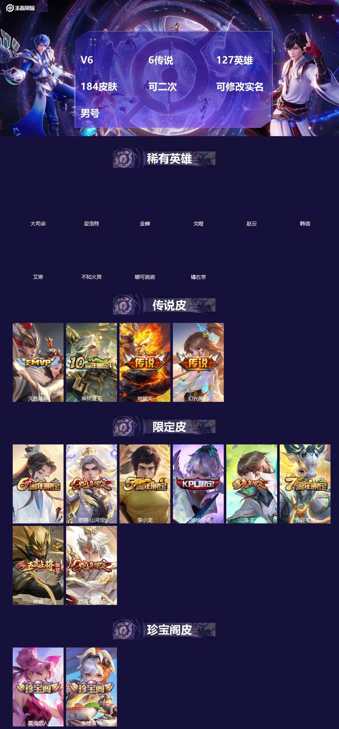 王者荣耀账号苹果QQ[]V6 6传说 127英雄 184皮肤 可二次 可修改实名 男号 
【英雄全皮】大禹全皮
【稀有英雄】大司命,韩信(韩跳跳),夏洛特(夏师傅),艾琳,橘右京(橘子),娜可露露(鸟人),不知火舞,赵云