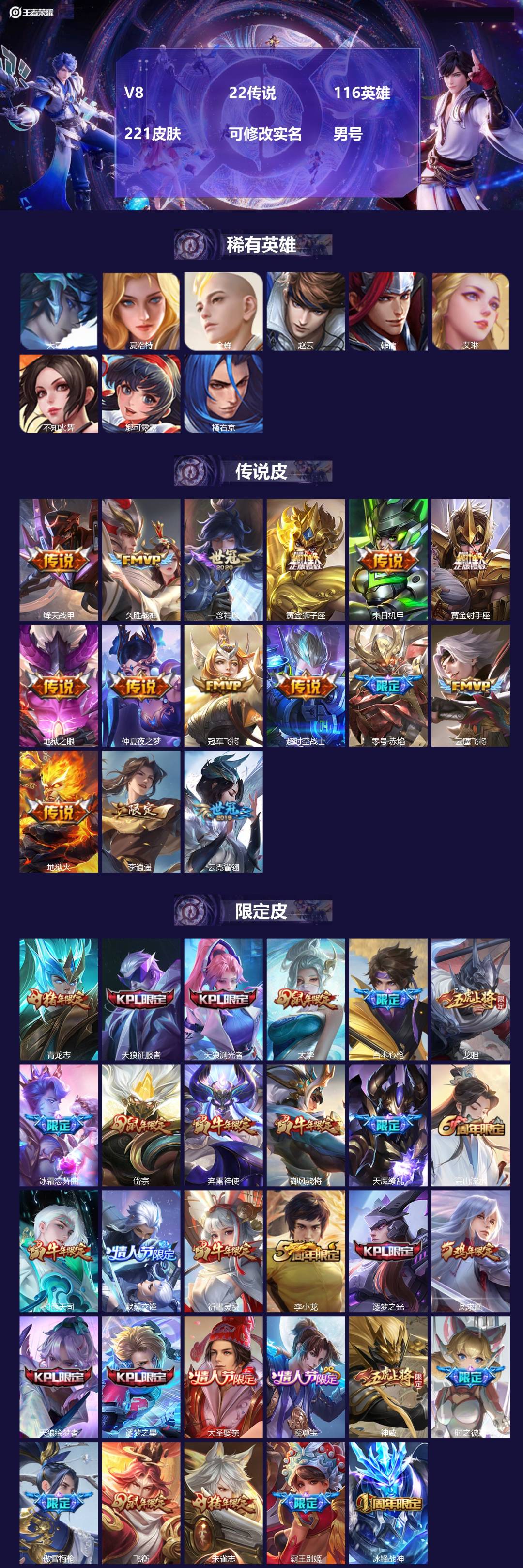 王者荣耀账号安卓QQ[]V8 22传说 116英雄 221皮肤 可修改实名 男号 
【英雄全皮】蚩奼全皮
【稀有英雄】大司命,韩信(韩跳跳),夏洛特(夏师傅),艾琳,橘右京(橘子),娜可露露(鸟人),不知火舞,赵云,金蝉