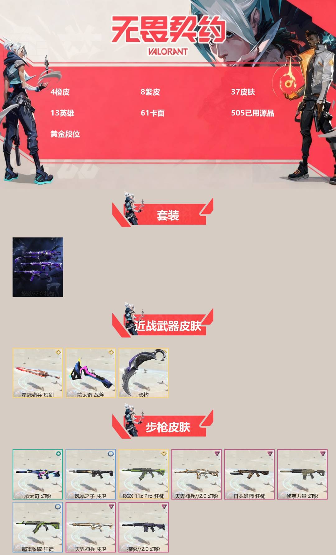 无畏契约账号QQ[]4橙皮 8紫皮 37皮肤 13英雄 61卡面 505已用源晶 黄金段位 
【套装】掠影2.0套装
【近战武器皮肤】蒙太奇 战斧,影钩,星际猎兵 短剑
【佩枪皮肤】鬼魅-掠影2.0,超集系统 标配,