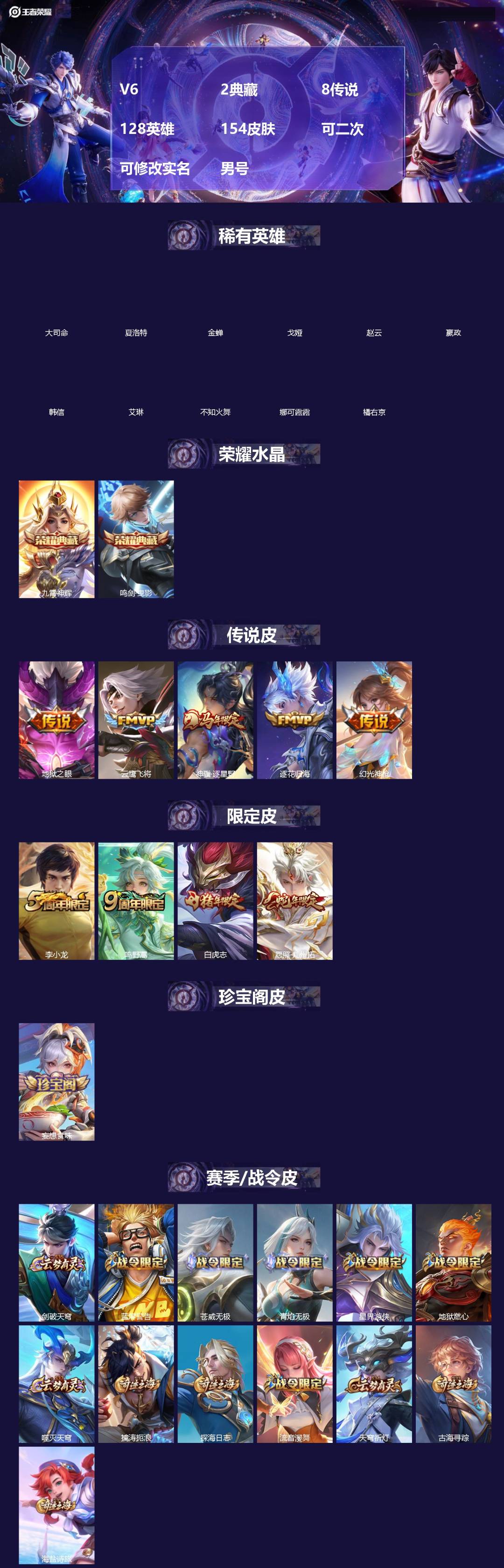 王者荣耀账号安卓QQ[19168040]V6 2典藏 8传说 128英雄 154皮肤 可二次 可修改实名 男号 
【英雄