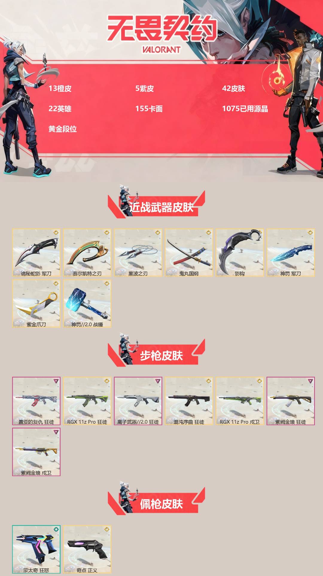 无畏契约账号QQ[]13橙皮 5紫皮 42皮肤 22英雄 155卡面 1075已用源晶 黄金段位 
【近战武器皮肤】诡秘蛇影,神罚2.0 战锤,鬼丸国纲,影钩,黑波之刃,紫金爪刀,赛尔凯特之刃,军刀-神罚
【佩枪皮肤