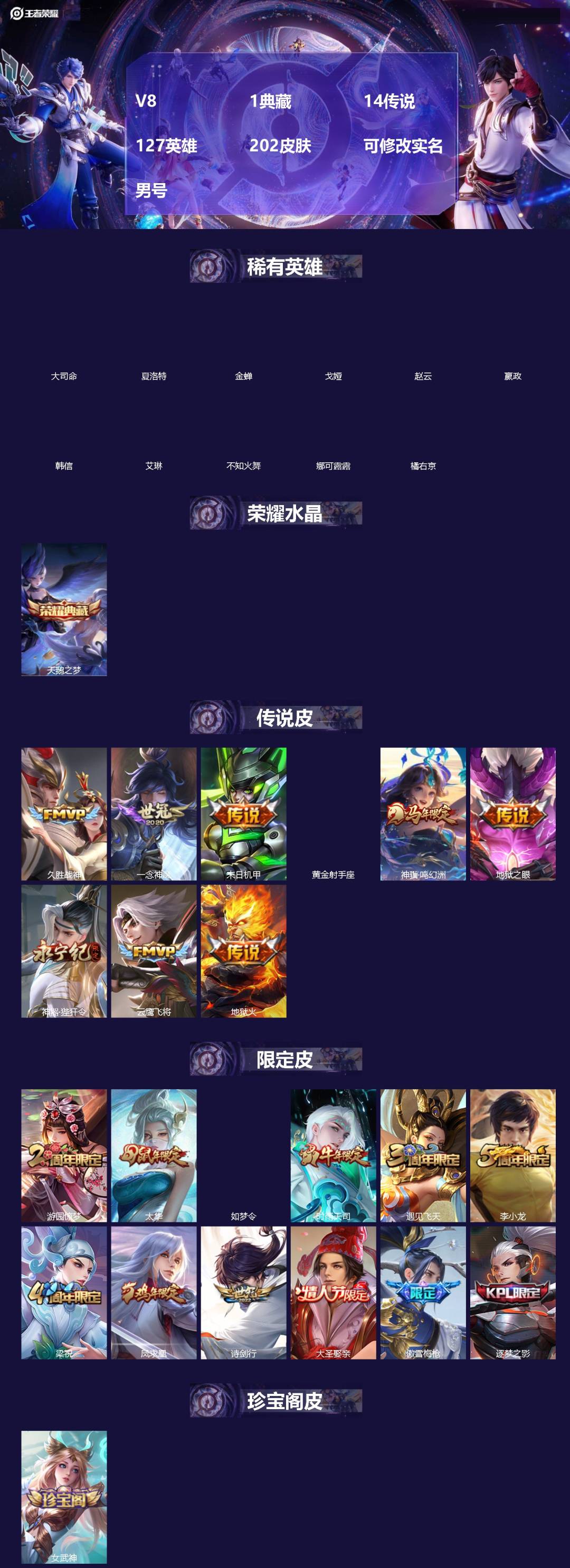 王者荣耀账号苹果QQ[]V8 1典藏 14传说 127英雄 202皮肤 可修改实名 男号 
【英雄全皮】大禹全皮
【稀有英雄】大司命,嬴政(始皇帝),韩信(韩跳跳),夏洛特(夏师傅),艾琳,橘右京(橘子),娜可露露(鸟人