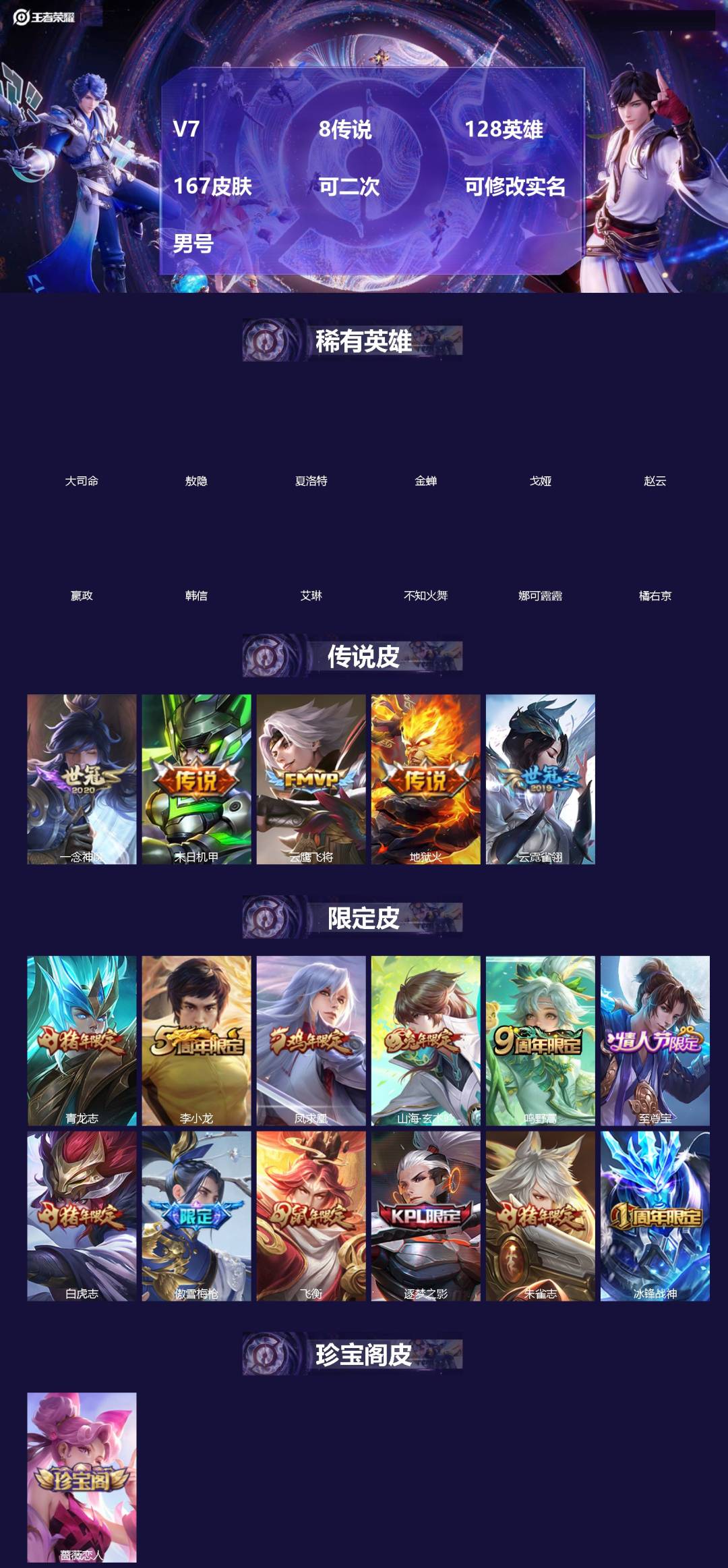 王者荣耀账号苹果QQ[]V7 8传说 128英雄 167皮肤 可二次 可修改实名 男号 
【稀有英雄】敖隐(小龙人),大司命,嬴政(始皇帝),韩信(韩跳跳),夏洛特(夏师傅),艾琳,橘右京(橘子),娜可露露(鸟人),不知