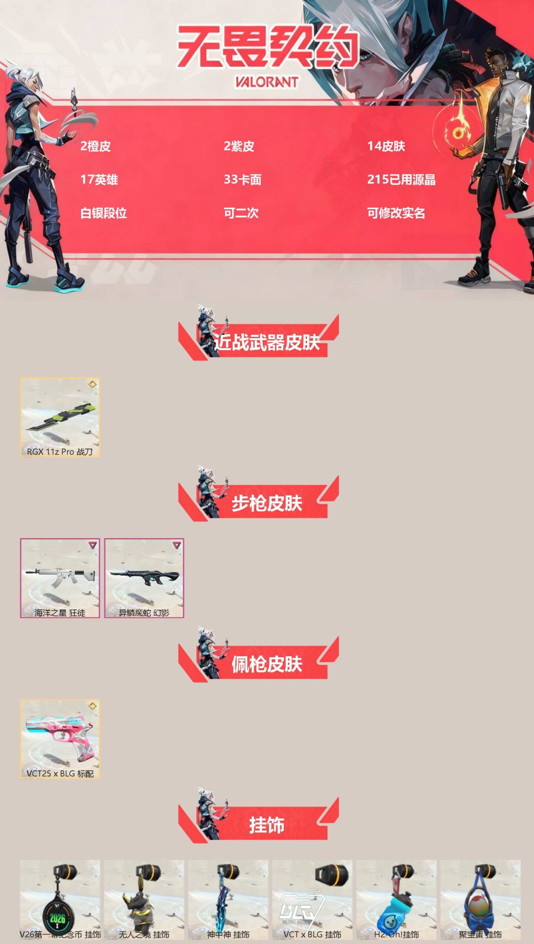 无畏契约账号QQ[]2橙皮 2紫皮 14皮肤 17英雄 33卡面 215已用源晶 白银段位 可二次 可修改实名 
【近战武器皮肤】RGX 11z pro 战刀
【佩枪皮肤】标配-VCT25xBLG
【步枪皮肤】幻影-