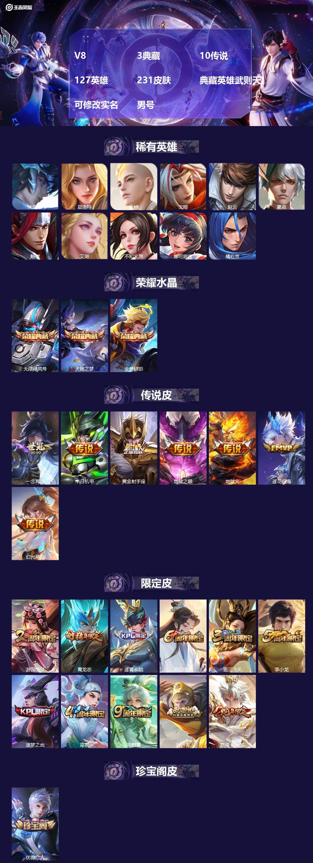 王者荣耀账号苹果QQ[]V8 3典藏 10传说 127英雄 231皮肤 典藏英雄武则天 可修改实名 男号 
【稀有英雄】大司命,夏洛特(夏师傅),金蝉(唐僧),戈娅,赵云,嬴政(始皇帝),韩信(韩跳跳),艾琳,不知火舞,
