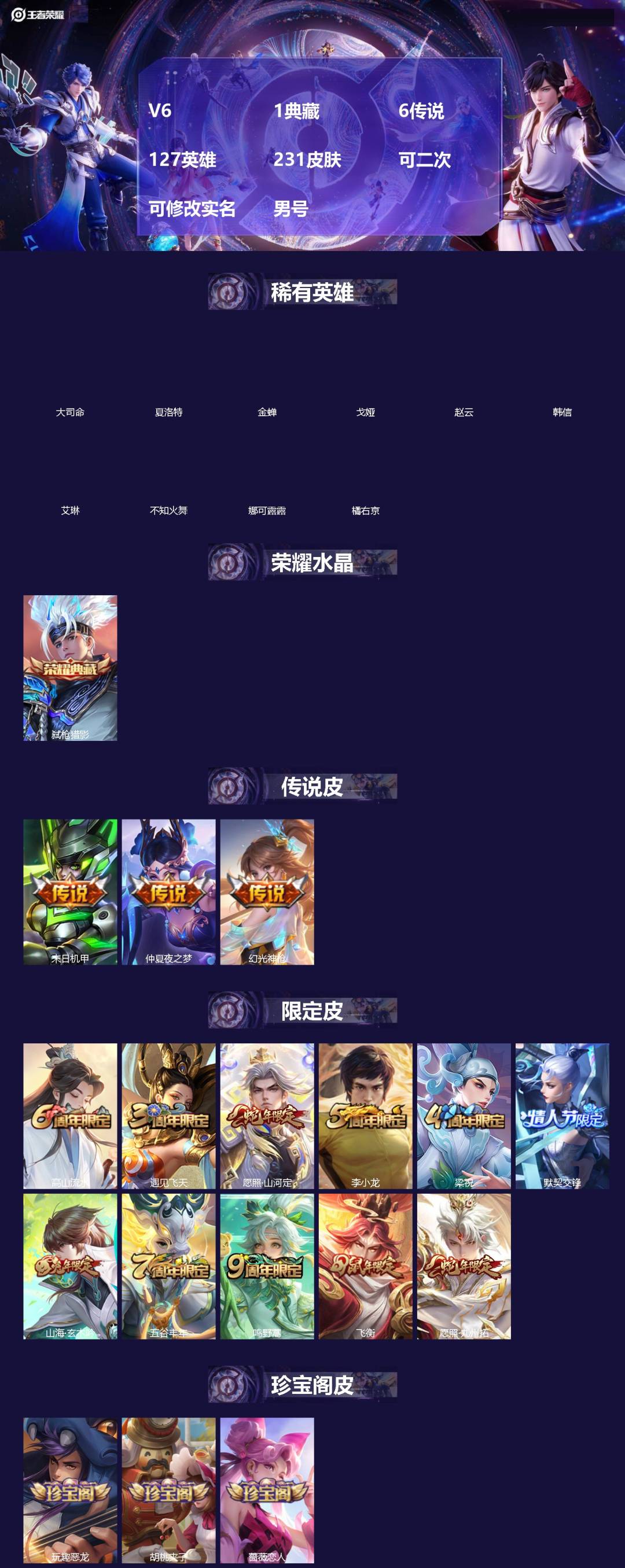 王者荣耀账号苹果QQ[19209678]V6 1典藏 6传说 127英雄 231皮肤 可二次 可修改实名 男号 
【英雄