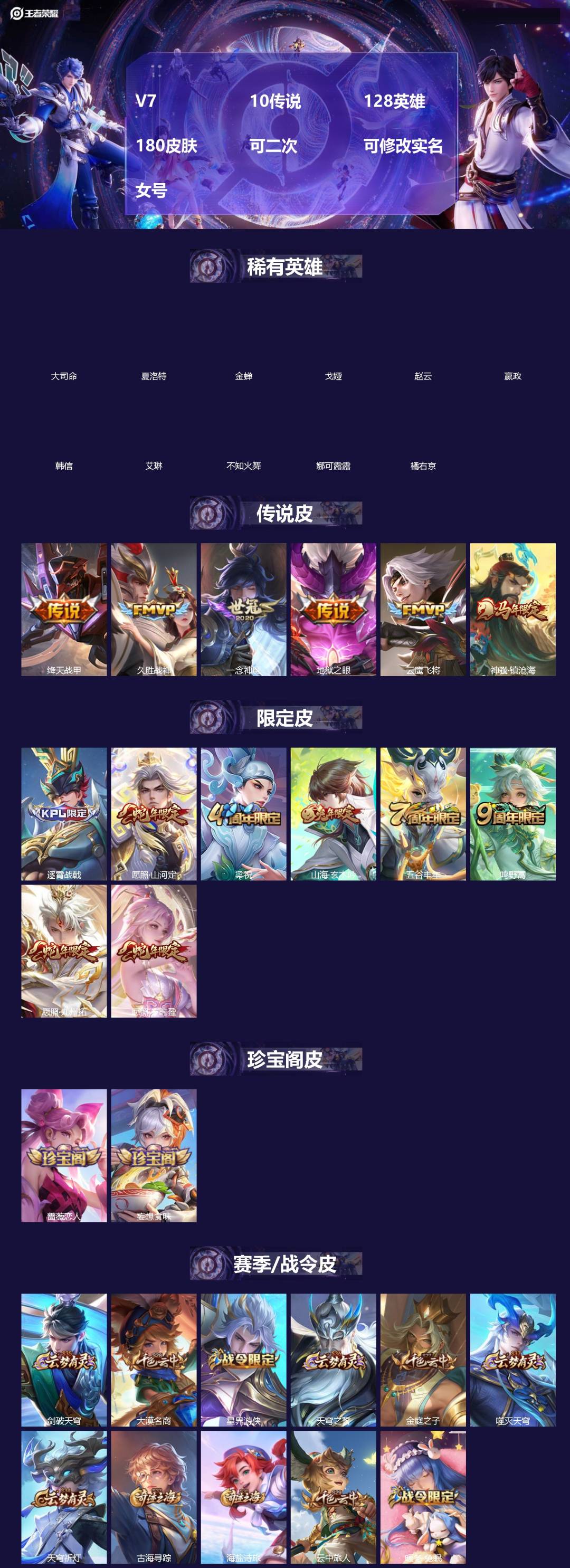王者荣耀账号安卓QQ[]V7 10传说 128英雄 180皮肤 可二次 可修改实名 女号 
【英雄全皮】大禹全皮
【稀有英雄】大司命,嬴政(始皇帝),韩信(韩跳跳),夏洛特(夏师傅),艾琳,橘右京(橘子),娜可露露(鸟人