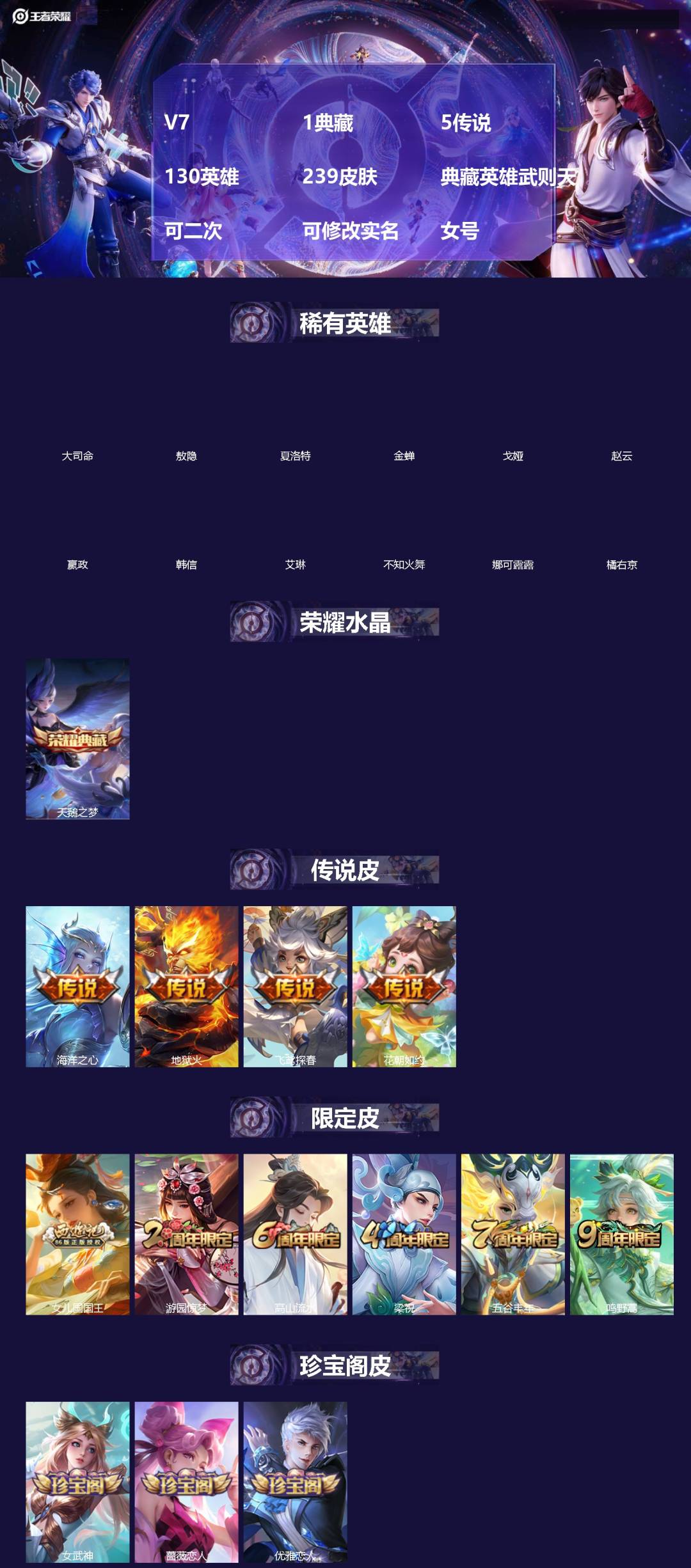 王者荣耀账号苹果VX[]V7 1典藏 5传说 130英雄 239皮肤 典藏英雄武则天 可二次 可修改实名 女号 
【英雄全皮】大禹全皮
【稀有英雄】敖隐(小龙人),大司命,嬴政(始皇帝),韩信(韩跳跳),夏洛特(夏师傅)