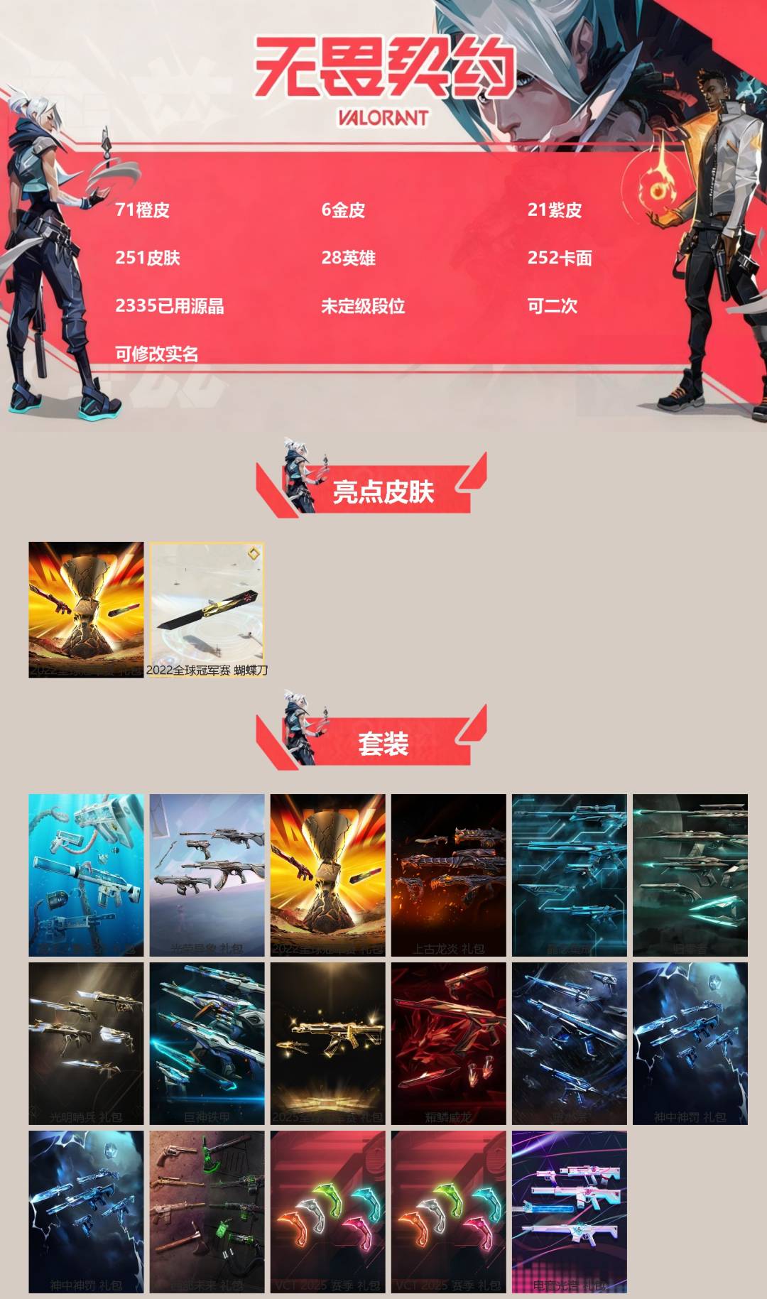 无畏契约账号QQ[]71橙皮 6金皮 21紫皮 251皮肤 28英雄 252卡面 2335已用源晶 未定级段位 可二次 可修改实名 
【亮点皮肤】幻影-2022全球冠军赛,蝴蝶刀-2022全球冠军赛
【套装】VCT 