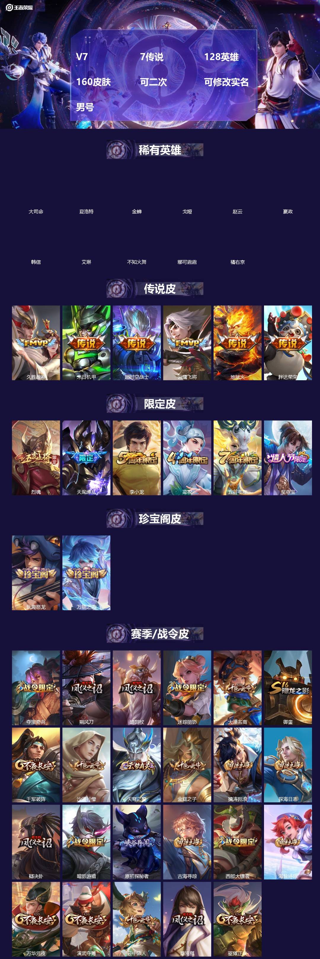 王者荣耀账号苹果QQ[19240264]V7 7传说 128英雄 160皮肤 可二次 可修改实名 男号 
【英雄全皮】大