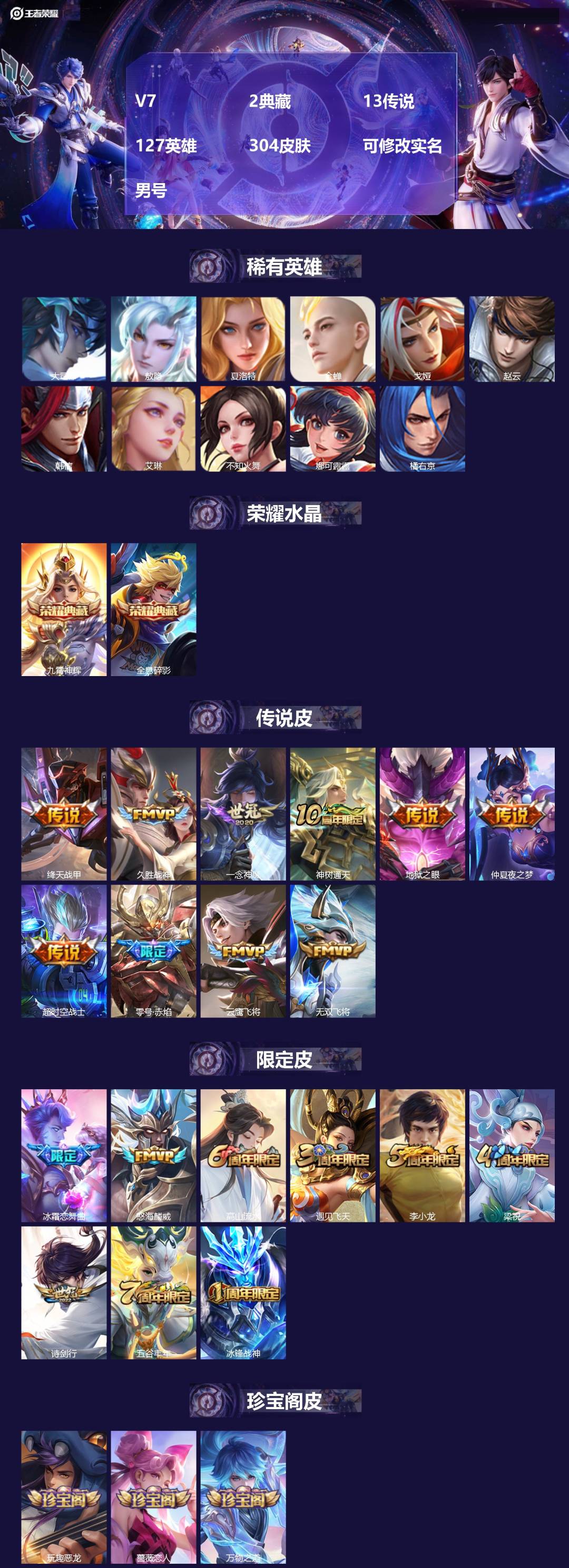 王者荣耀账号苹果QQ[]V7 2典藏 13传说 127英雄 304皮肤 可修改实名 男号 
【英雄全皮】蒙恬全皮,孙权全皮,蚩奼全皮,高渐离全皮,鬼谷子全皮,大禹全皮
【稀有英雄】敖隐(小龙人),大司命,韩信(韩跳跳),