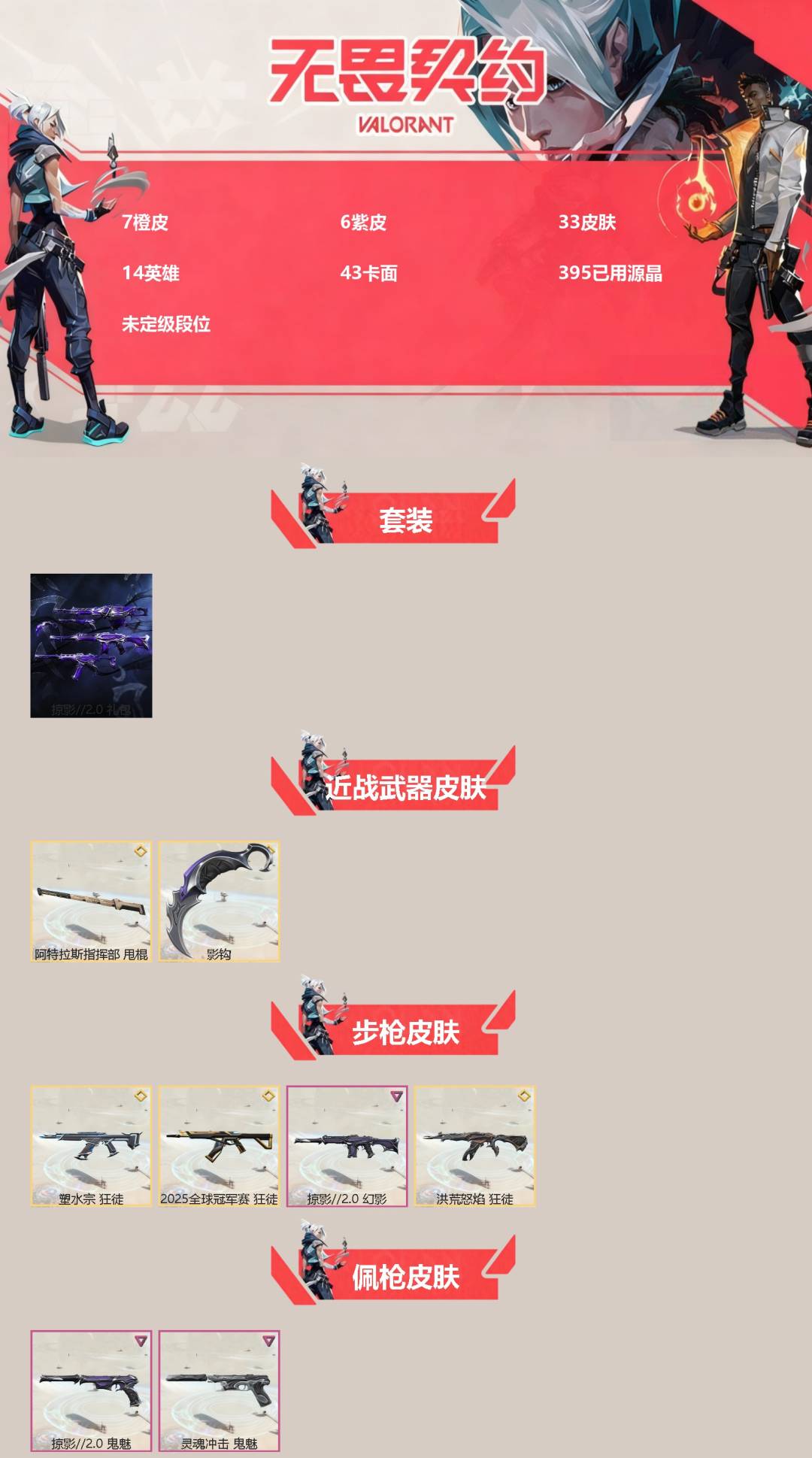 无畏契约账号QQ[]7橙皮 6紫皮 33皮肤 14英雄 43卡面 395已用源晶 未定级段位 
【套装】掠影2.0套装
【近战武器皮肤】阿特拉斯指挥部,影钩
【佩枪皮肤】鬼魅-掠影2.0,鬼魅-灵魂冲击
【冲锋枪皮肤