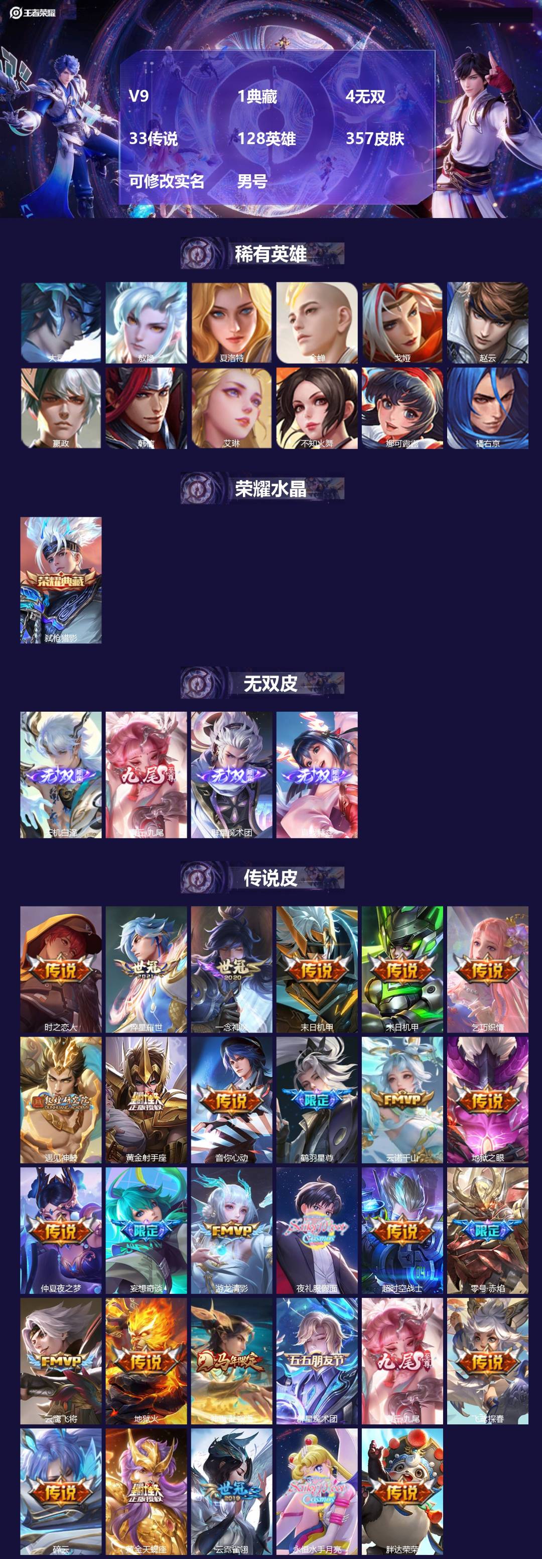 王者荣耀账号安卓QQ[19247308]V9 1典藏 4无双 33传说 128英雄 357皮肤 可修改实名 男号 
【英