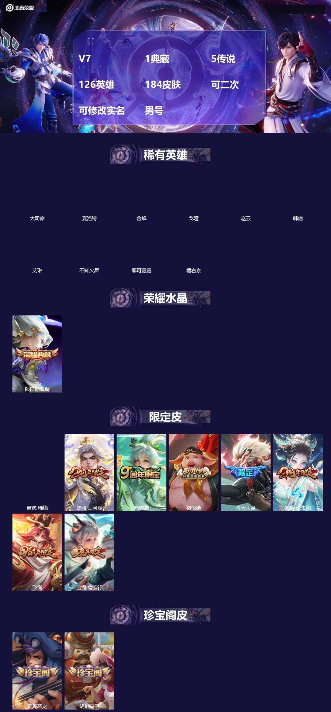 王者荣耀账号安卓QQ[19258646]V7 1典藏 5传说 126英雄 184皮肤 可二次 可修改实名 男号 
【英雄